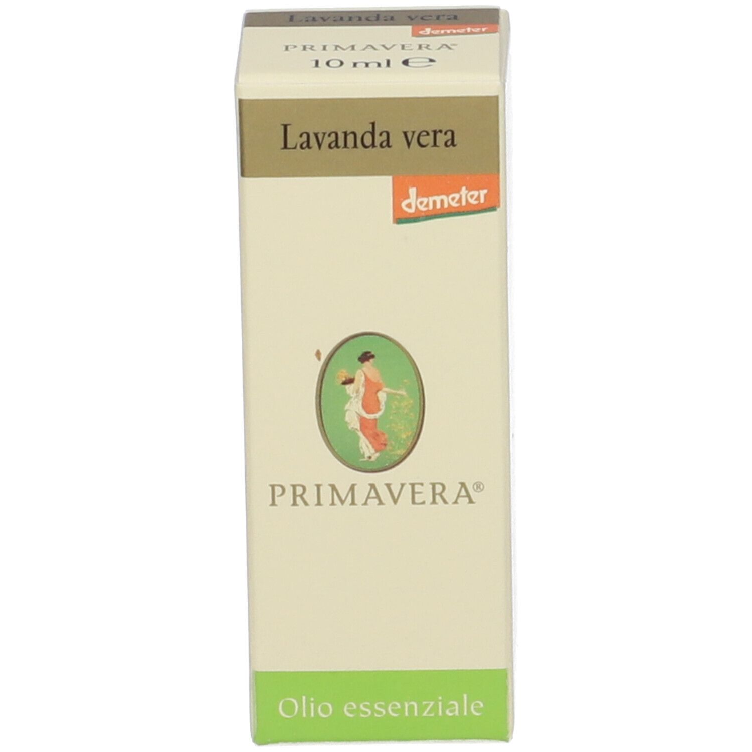 Scatola con scritta Lavanda vera, 10 ml. Primavera, Demeter. Etichetta verde.