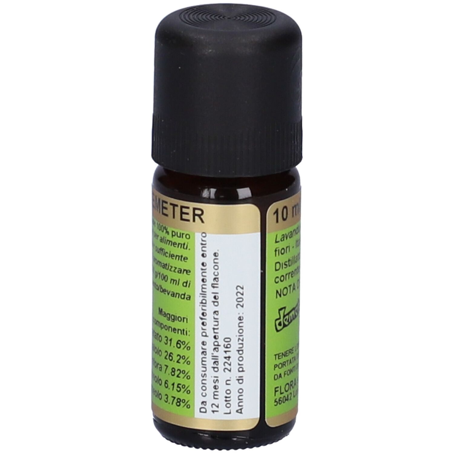 Flacone di vetro marrone con tappo nero. Etichetta bianca con testo. Logo Demeter. Data di scadenza 2022.