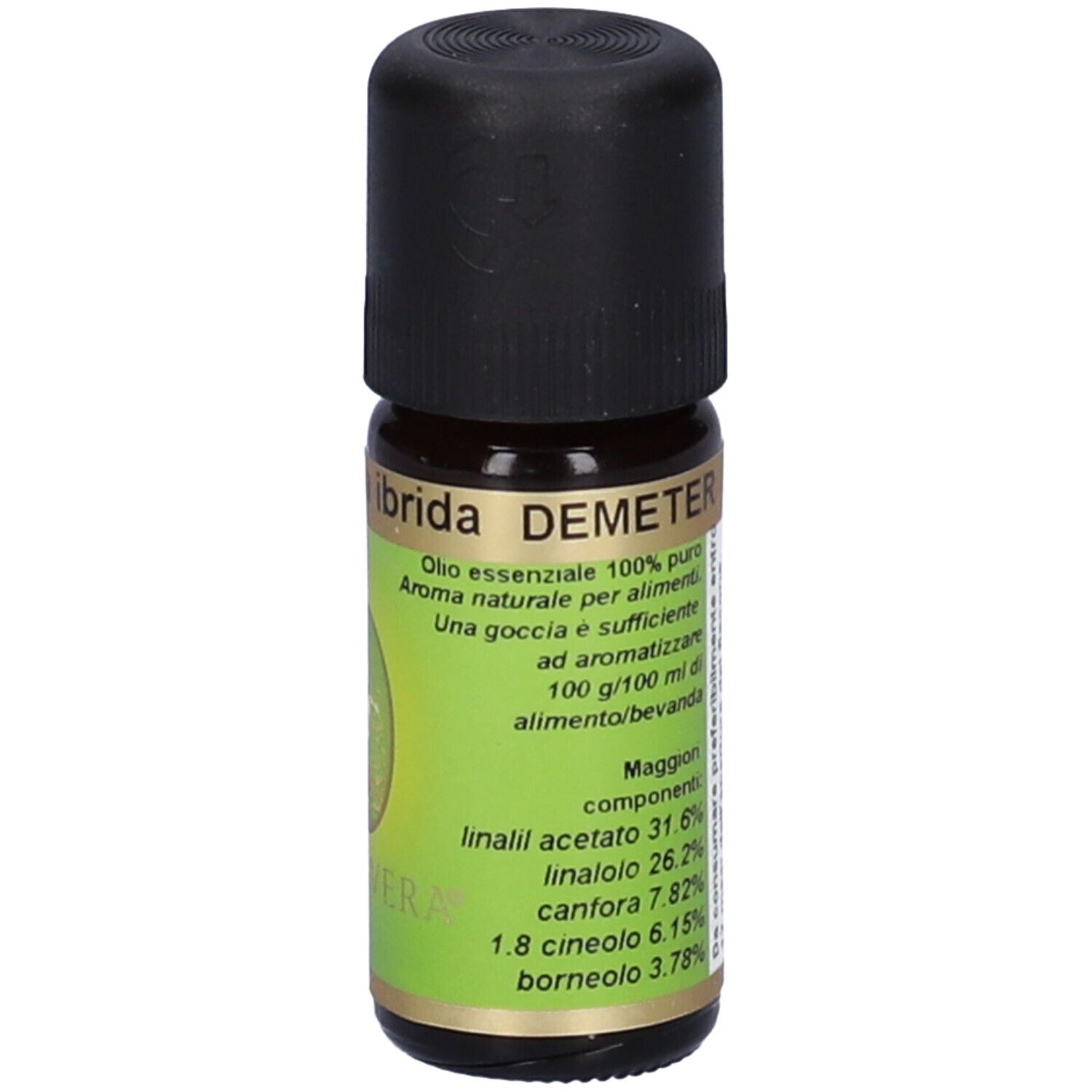 Flacone di vetro marrone con tappo nero. Etichetta verde e bianca con testo. Logo Demeter. Ingredienti.