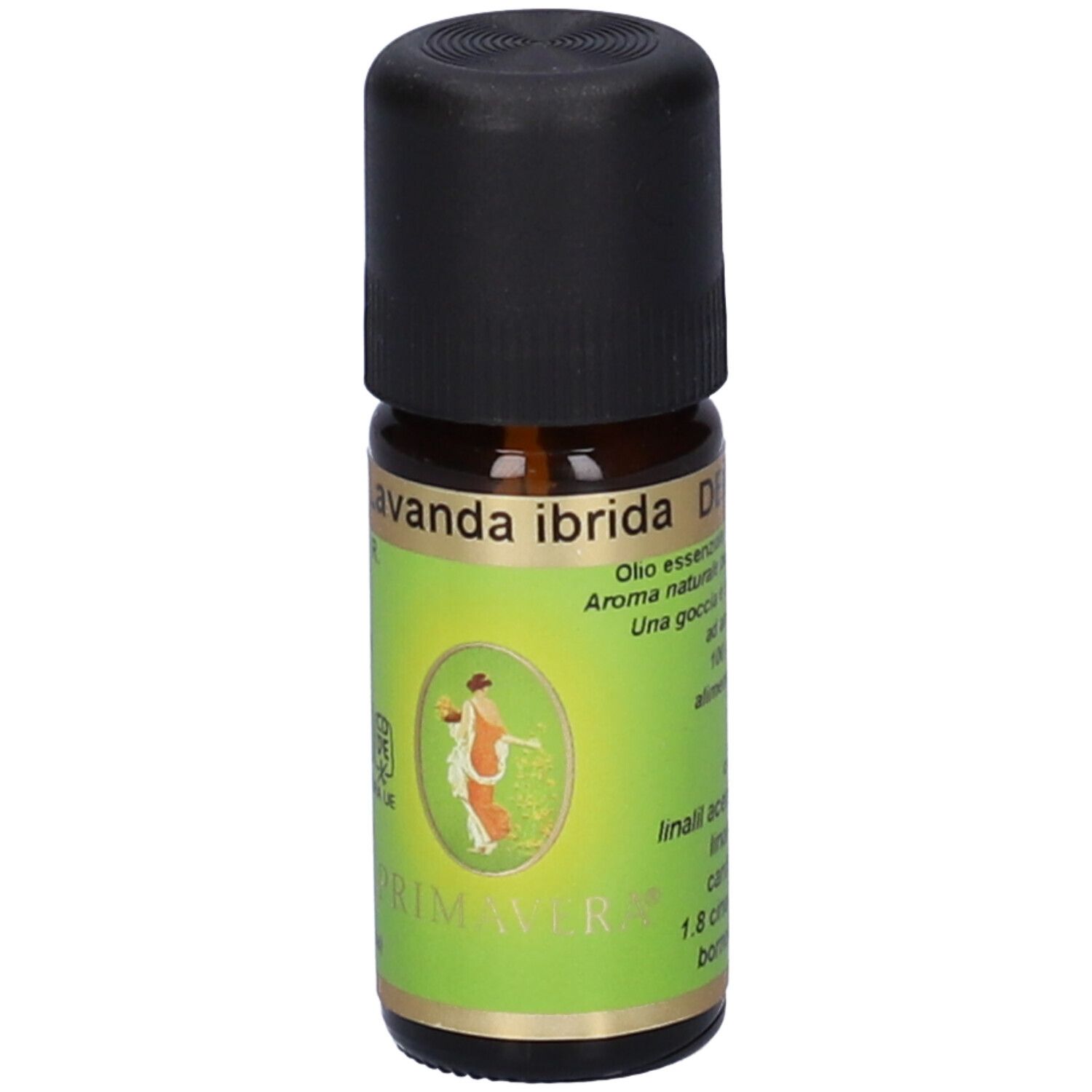 Flacone di vetro marrone con tappo nero. Etichetta verde e bianca con testo e logo. Logo Primavera.