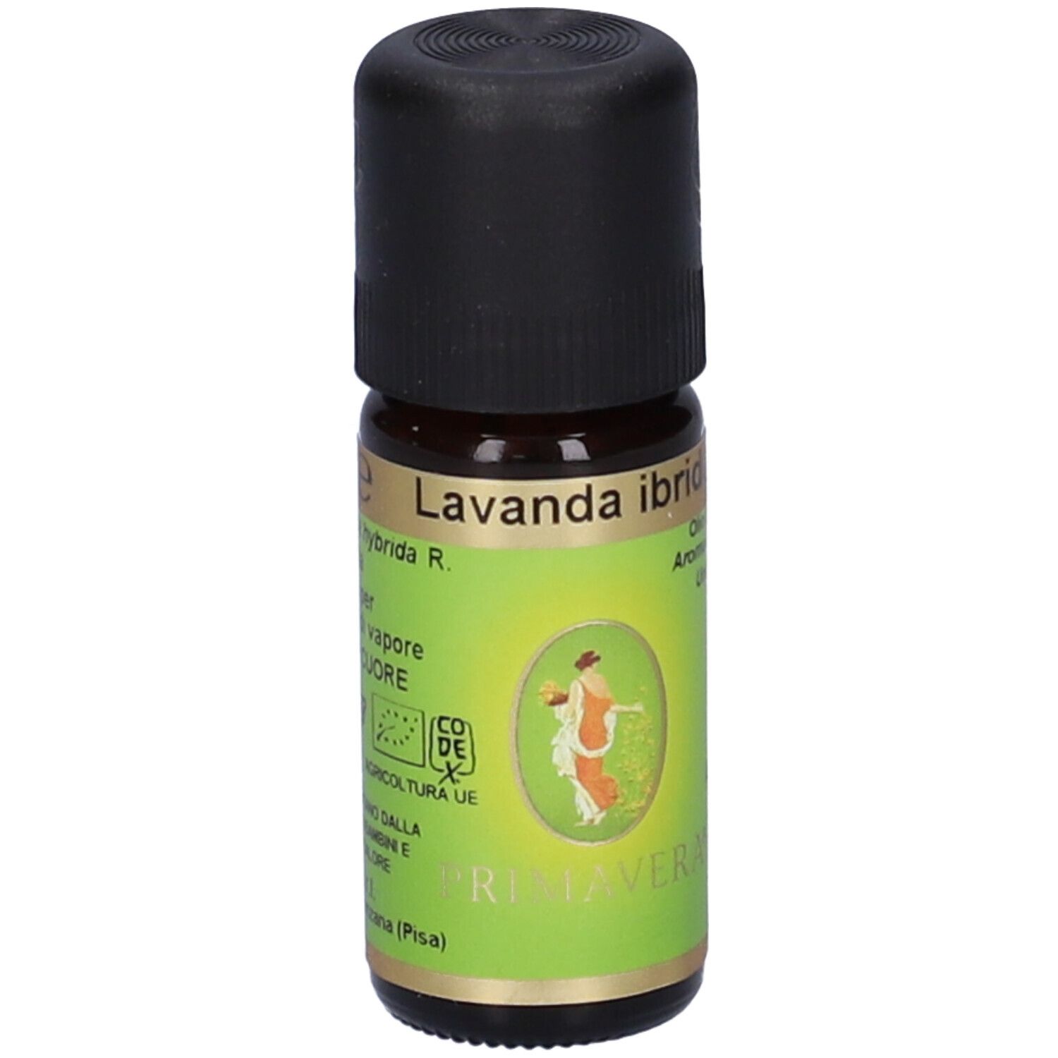 Flacone di vetro marrone con tappo nero. Etichetta verde e bianca con testo e logo. Logo Primavera. Logo Demeter.