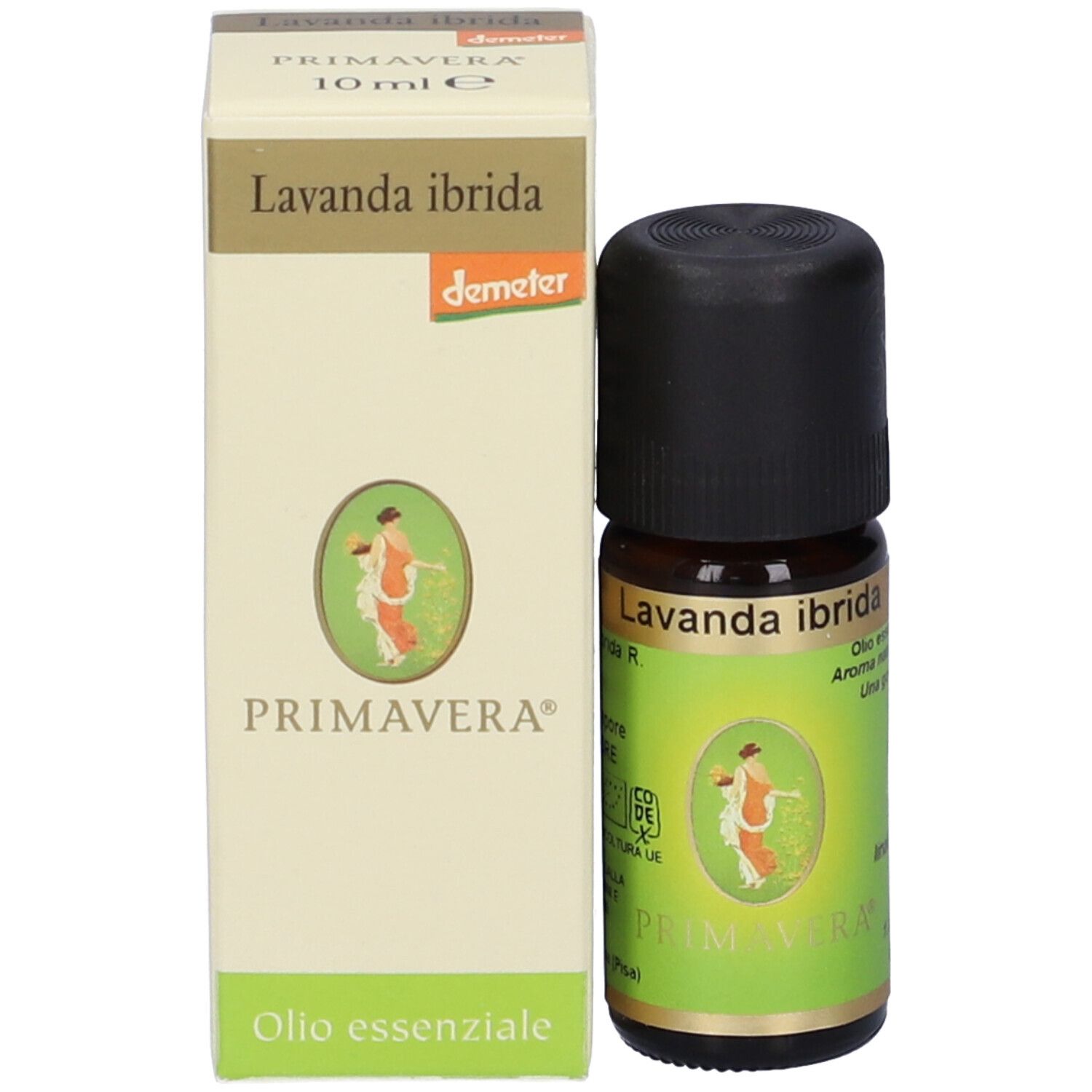 Flacone di vetro marrone con tappo nero e confezione in cartone. Logo Primavera. Logo Demeter. Testo.