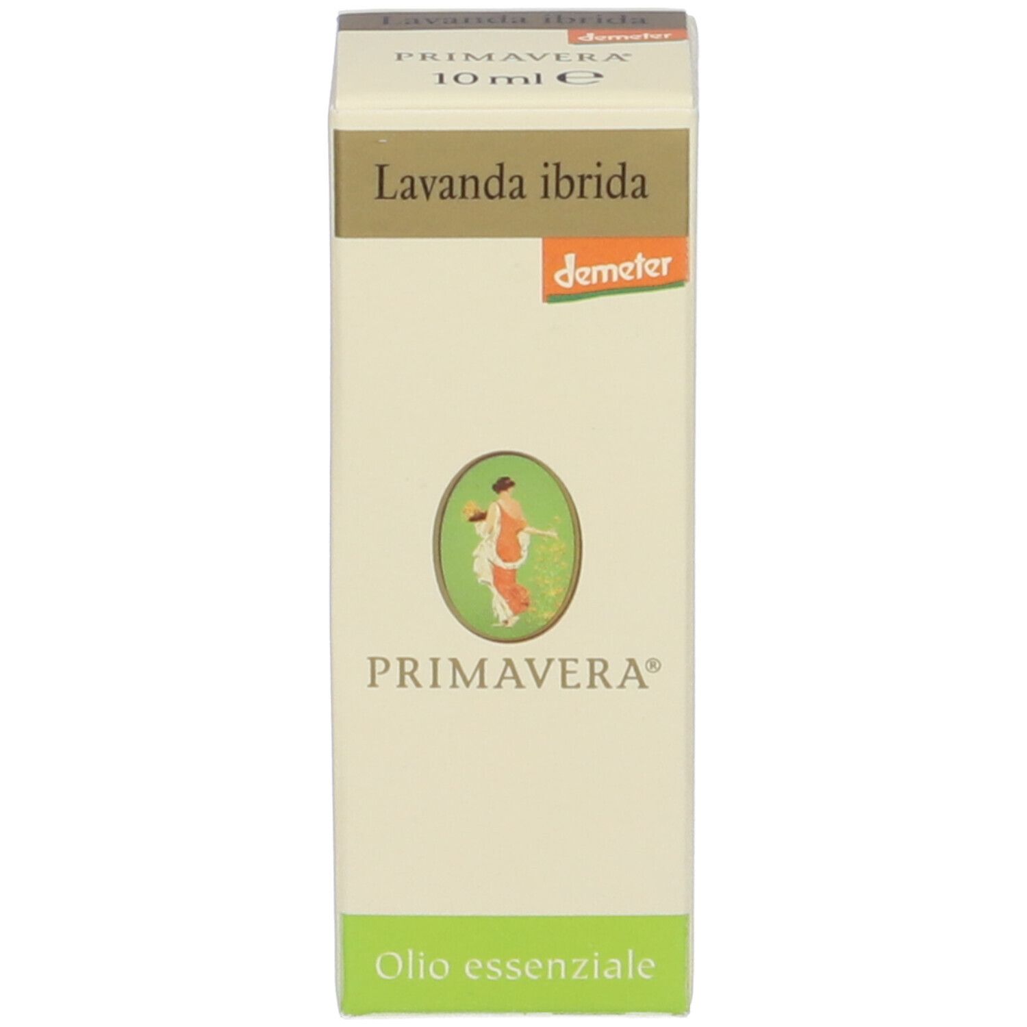 Confezione in cartone con testo e logo. Logo Primavera. Logo Demeter. Design verde e bianco. Sopra: 10 ml.