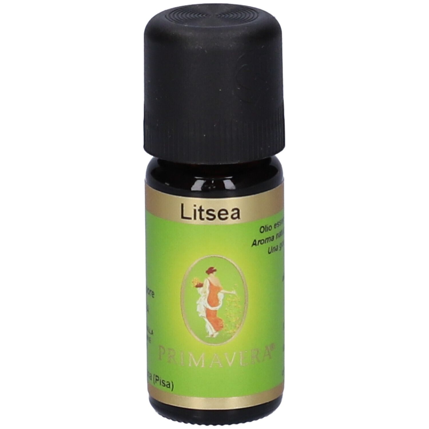 Flacone di vetro marrone con tappo nero. Scritte: Litsea, Primavera, Olio essenziale.