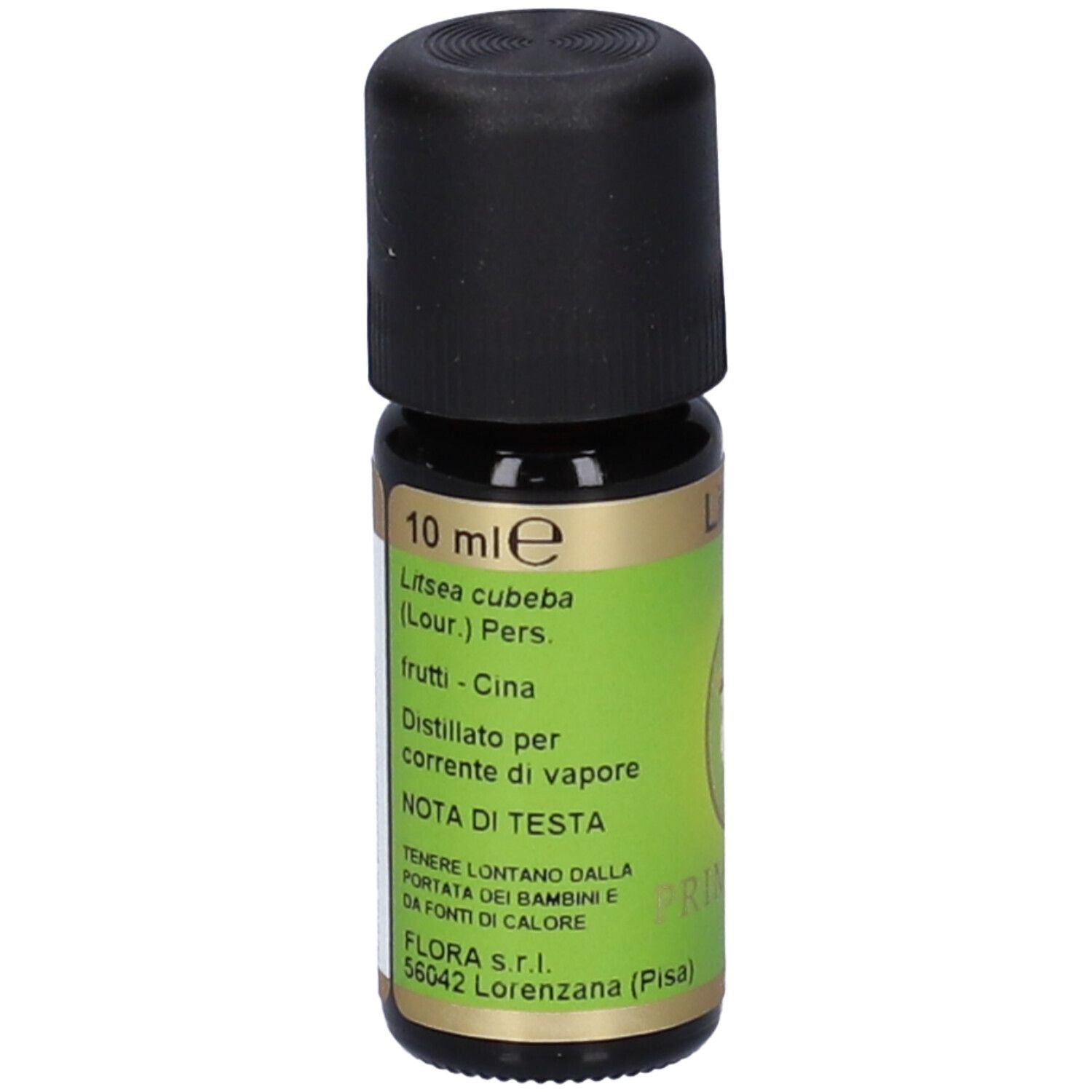 Flacone di vetro marrone con tappo nero. Scritte: Litsea, Primavera, Olio essenziale.