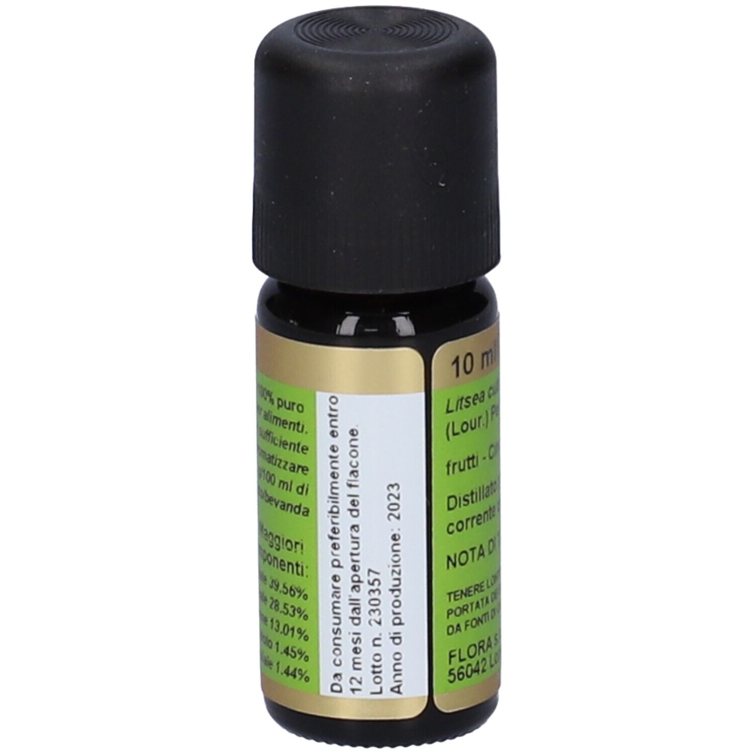 Flacone di vetro marrone con tappo nero. Scritte: 10 ml e, Litsea, Primavera.