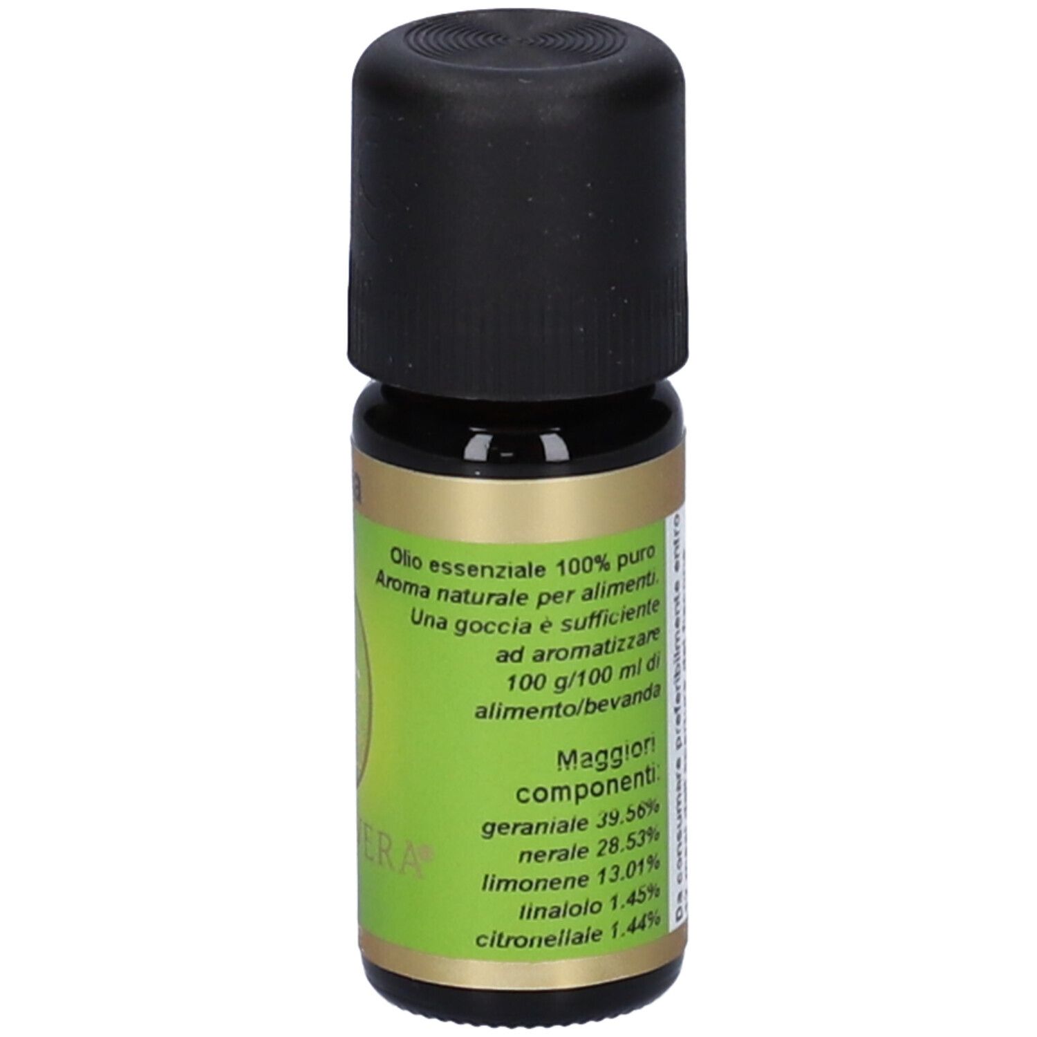 Flacone di vetro marrone con tappo nero. Scritte: 10 ml e, Litsea, Primavera.