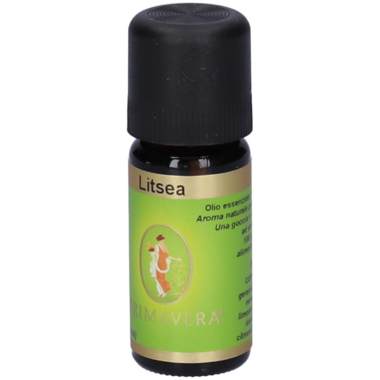 Flacone di vetro marrone con tappo nero. Scritte: Litsea, Primavera, Olio essenziale.