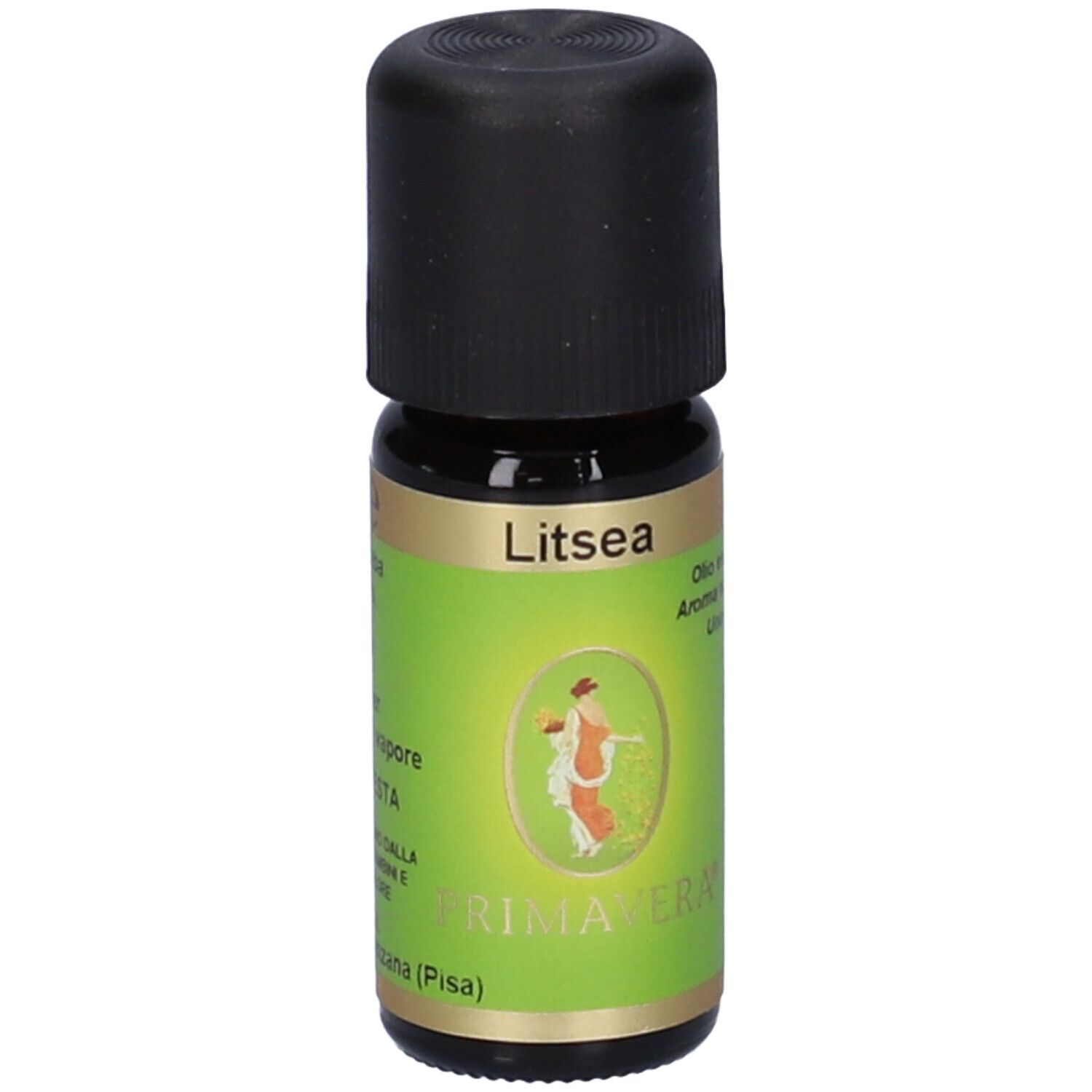 Flacone di vetro marrone con tappo nero. Scritte: Litsea, Primavera, Olio essenziale.