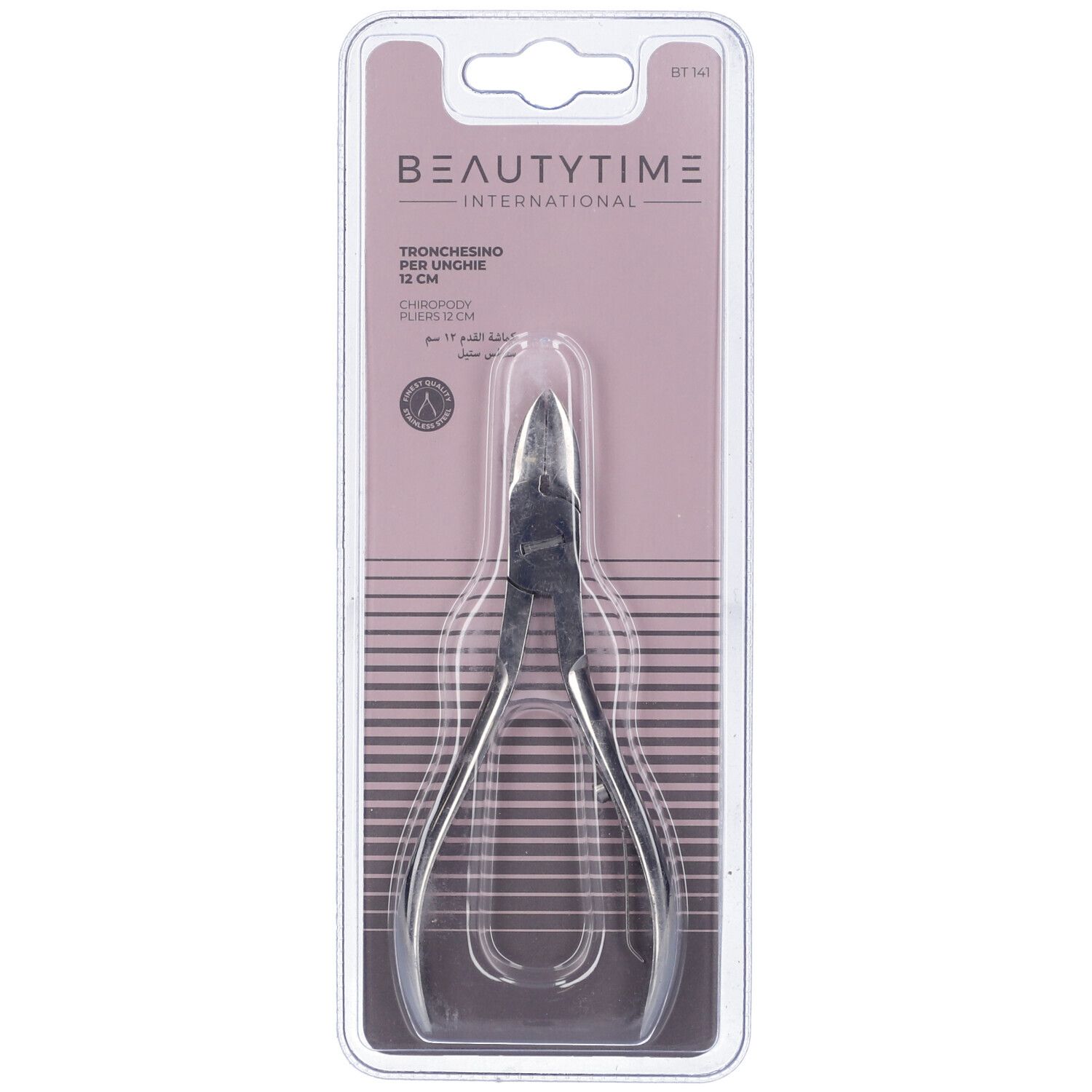 Tronchesino per unghie in confezione blister. Marchio Beautytime, nome prodotto e dimensione 12 cm.