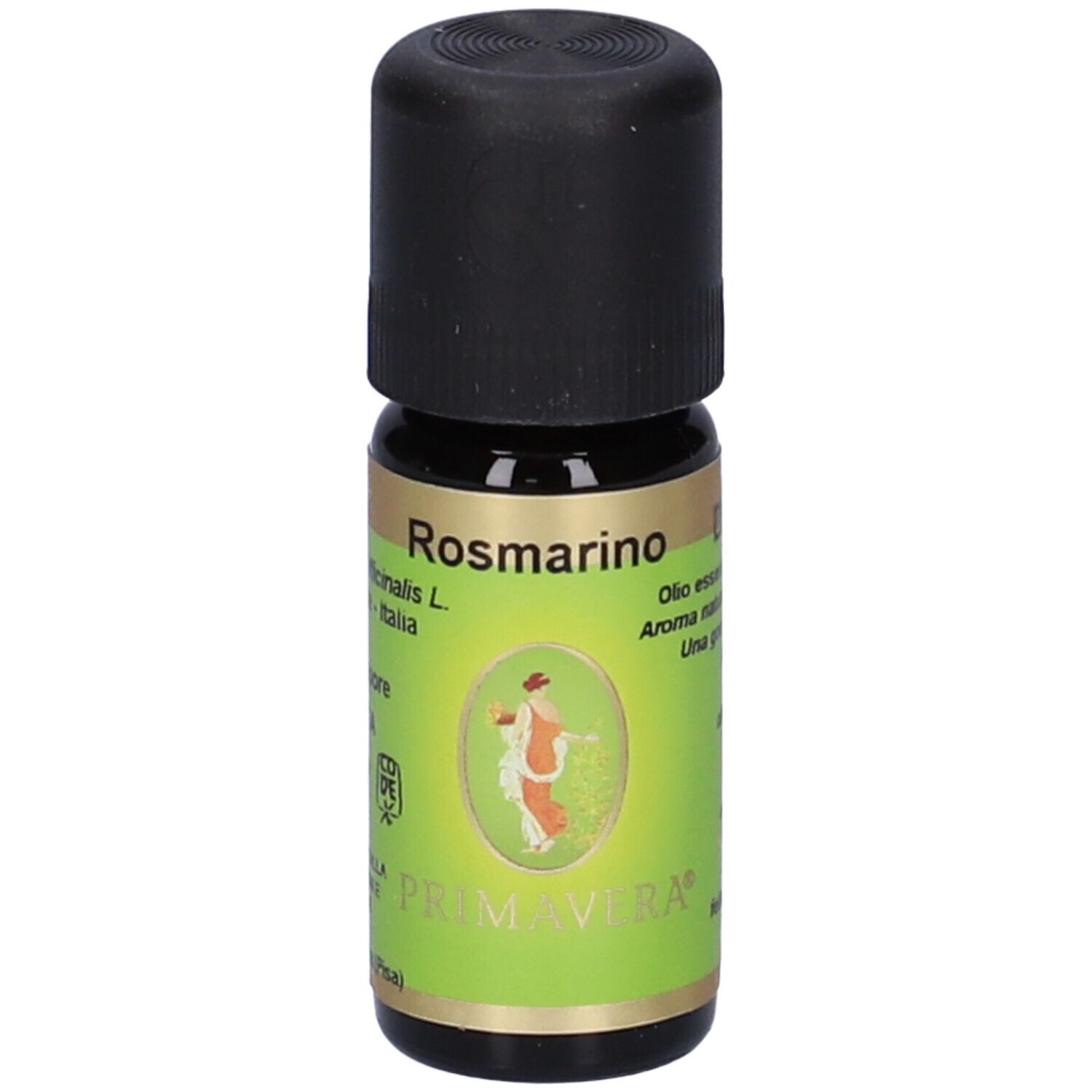 Flacone di vetro marrone con tappo nero. Rosmarino Olio Essenziale. Etichetta verde con illustrazione e testo.