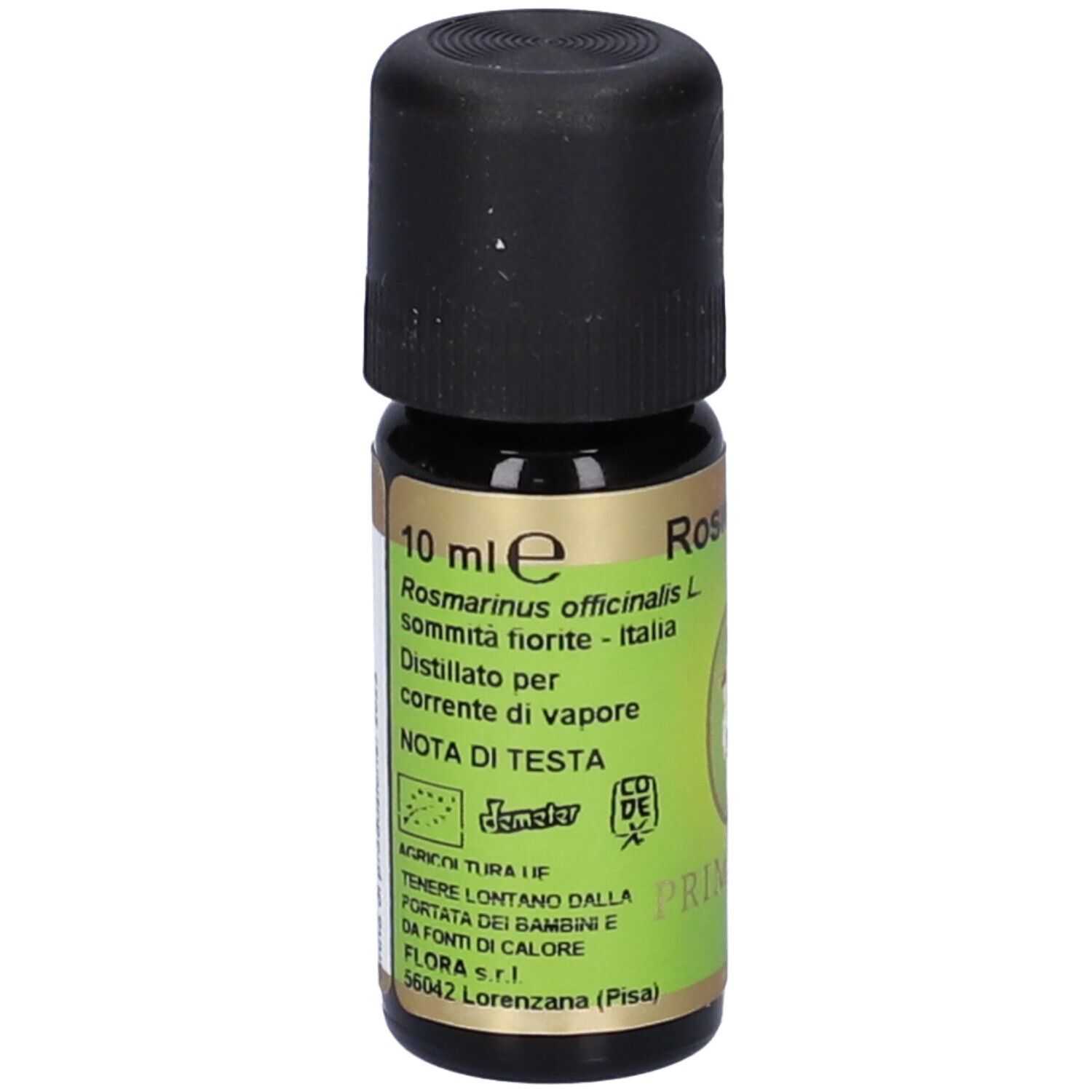 Flacone di vetro marrone con tappo nero. Rosmarino Olio Essenziale. Etichetta verde con testo e 10 ml.