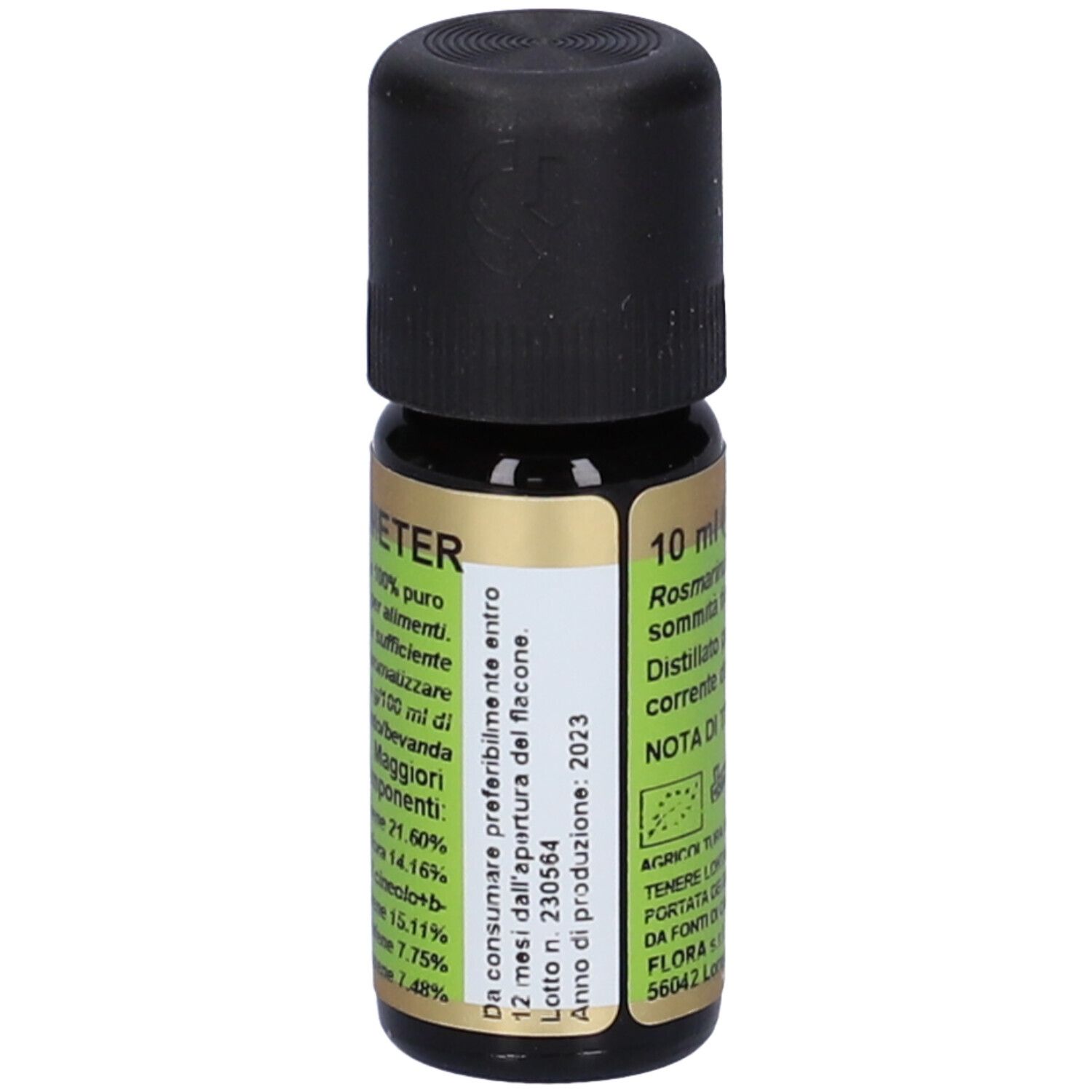 Flacone di vetro marrone con tappo nero. Rosmarino Olio Essenziale. Etichetta verde con testo e 10 ml.