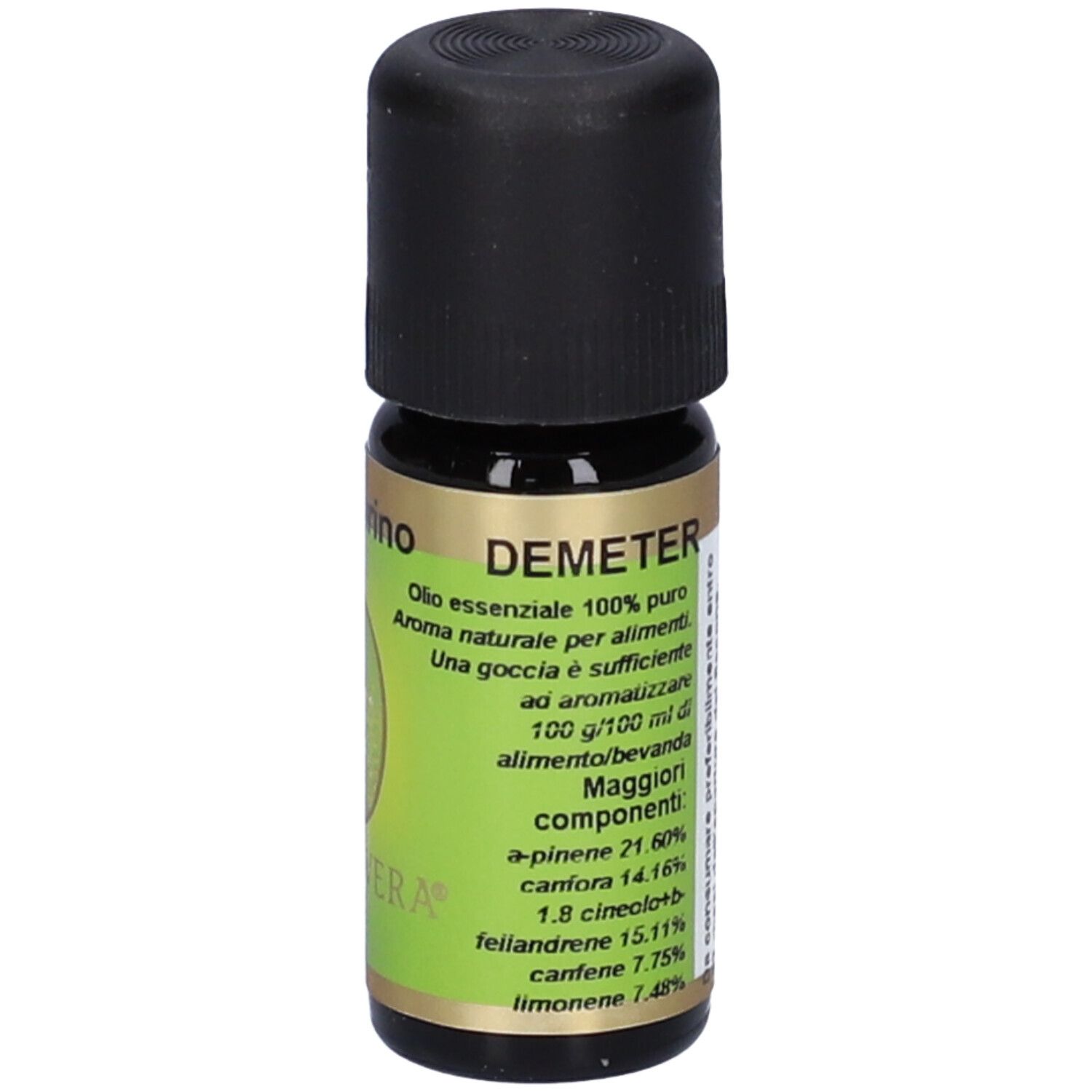 Flacone di vetro marrone con tappo nero. Rosmarino Olio Essenziale. Etichetta verde con testo e ingredienti.