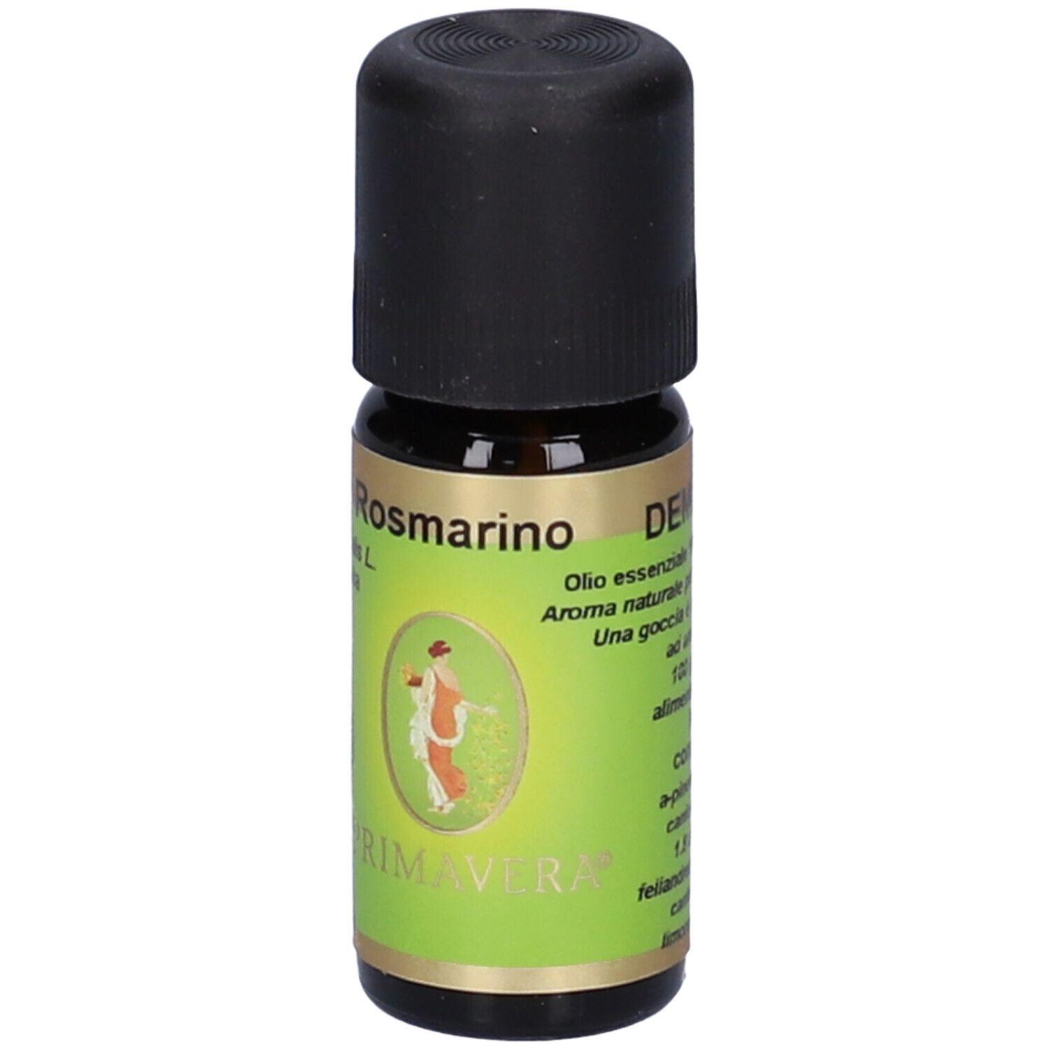 Flacone di vetro marrone con tappo nero. Rosmarino Olio Essenziale. Etichetta verde con testo e illustrazione.