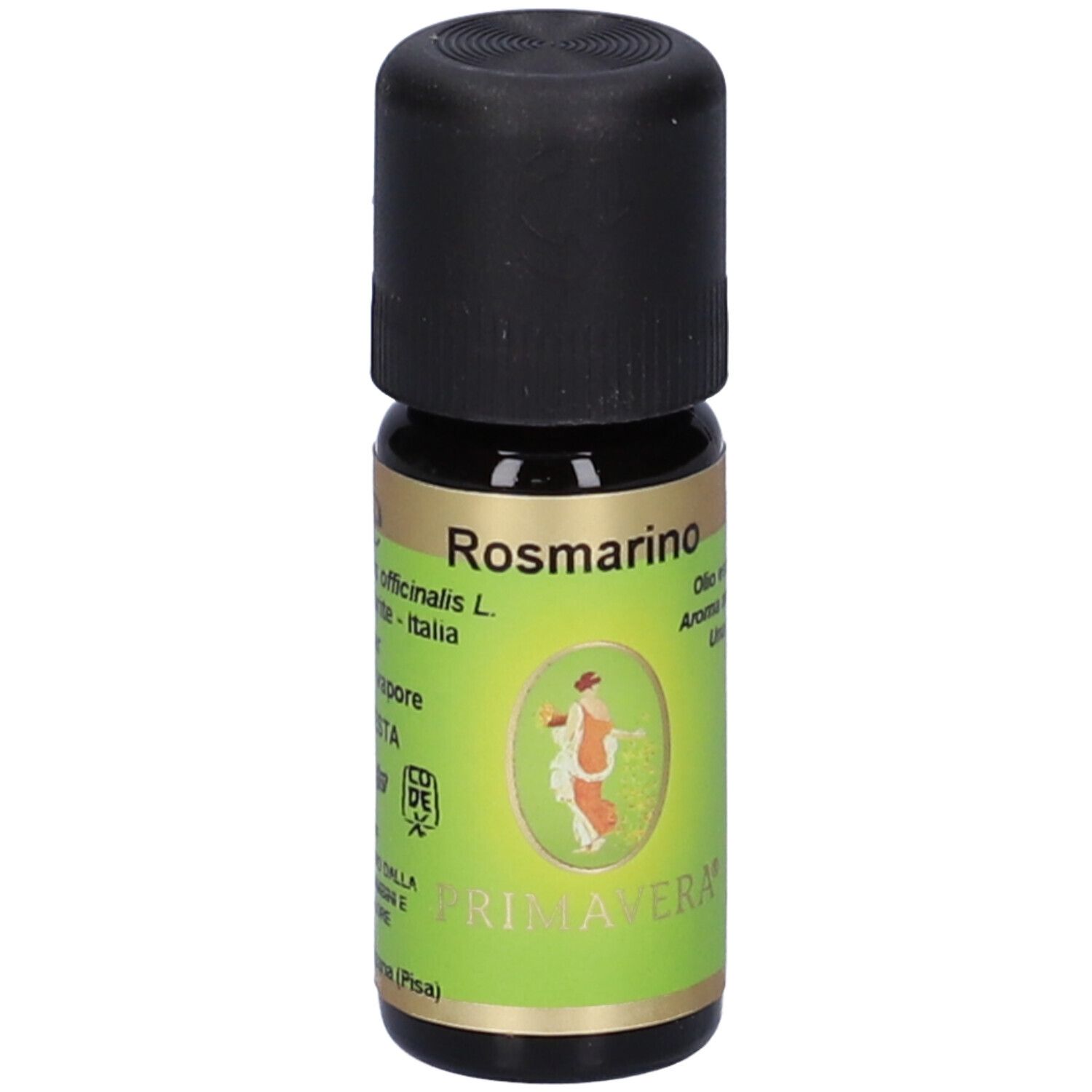 Flacone di vetro marrone con tappo nero. Rosmarino Olio Essenziale. Etichetta verde con testo e illustrazione.