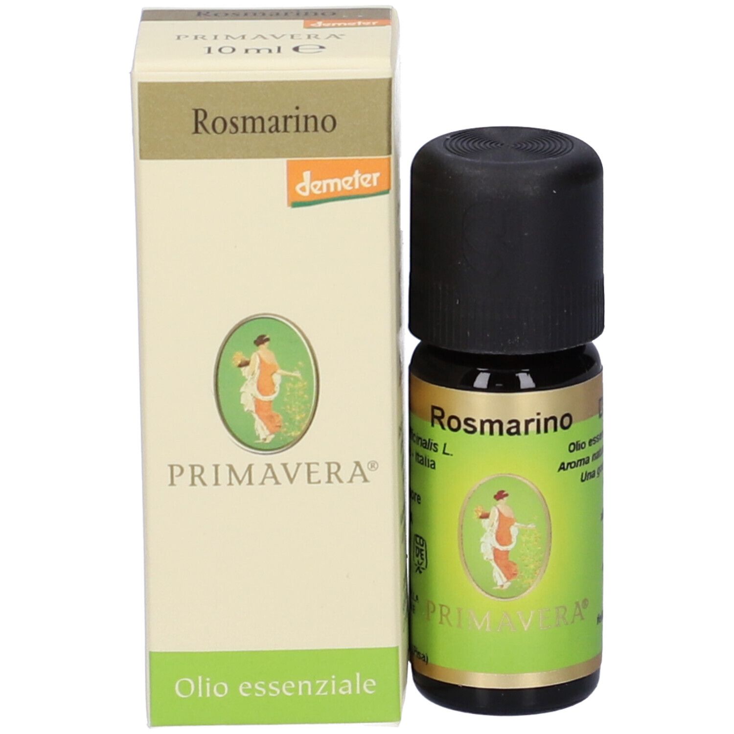 Flacone di vetro marrone e scatola. Rosmarino Olio Essenziale. Etichetta verde e confezione con testo.