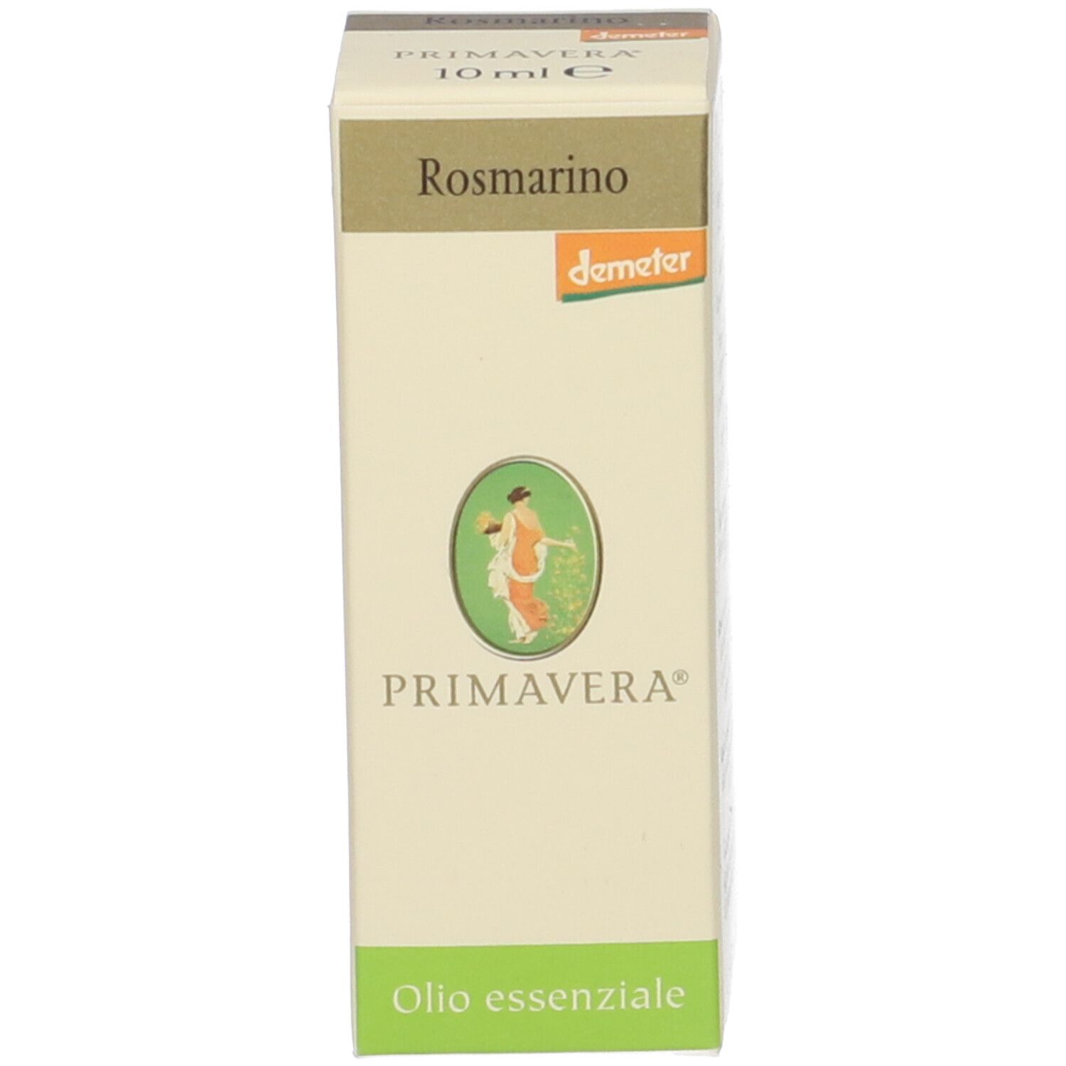 Scatola. Rosmarino Olio Essenziale. Confezione beige con testo e logo. 10 ml.