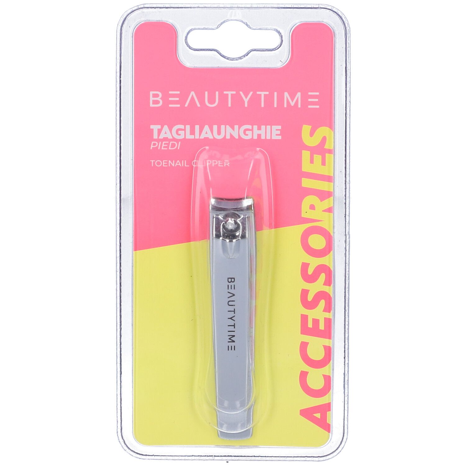 Confezione con Tagliaunghie Piedi. Marchio Beautytime. Cartoncino rosa-giallo, blister trasparente.