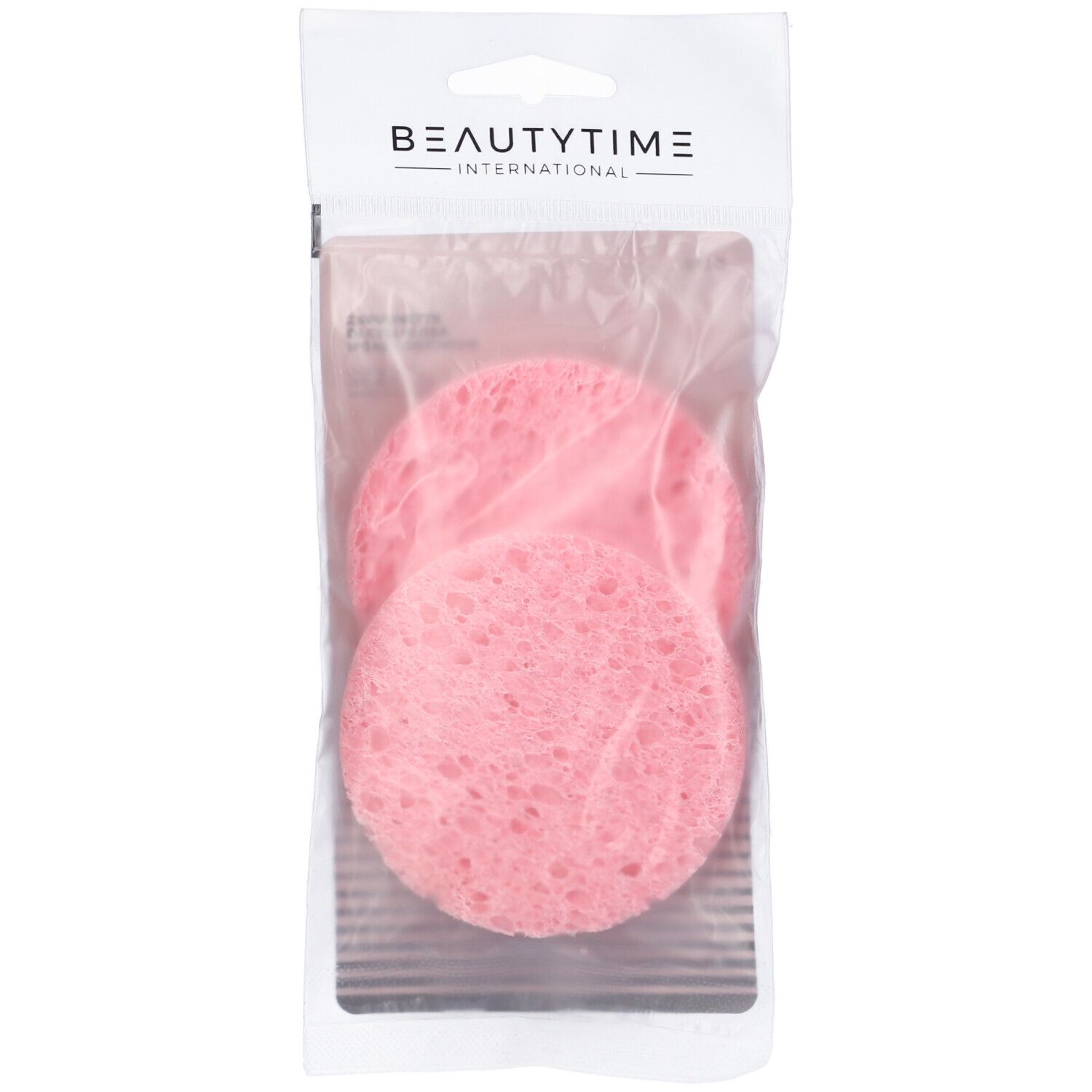 Due spugne in cellulosa rosa in una confezione trasparente. "BEAUTYTIME INTERNATIONAL" è scritto in alto.