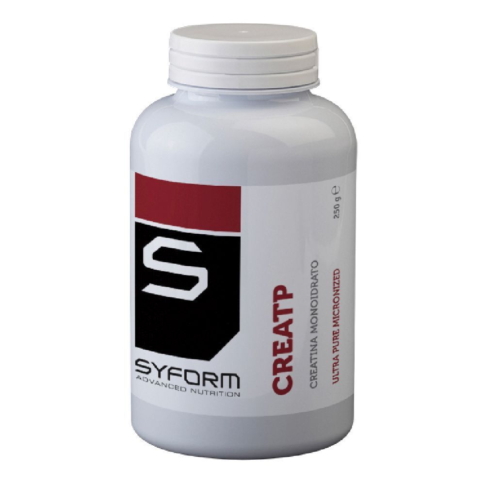 Barattolo bianco con coperchio. Scritta Creatp, Syform. 250g. Creatina monoidrato.