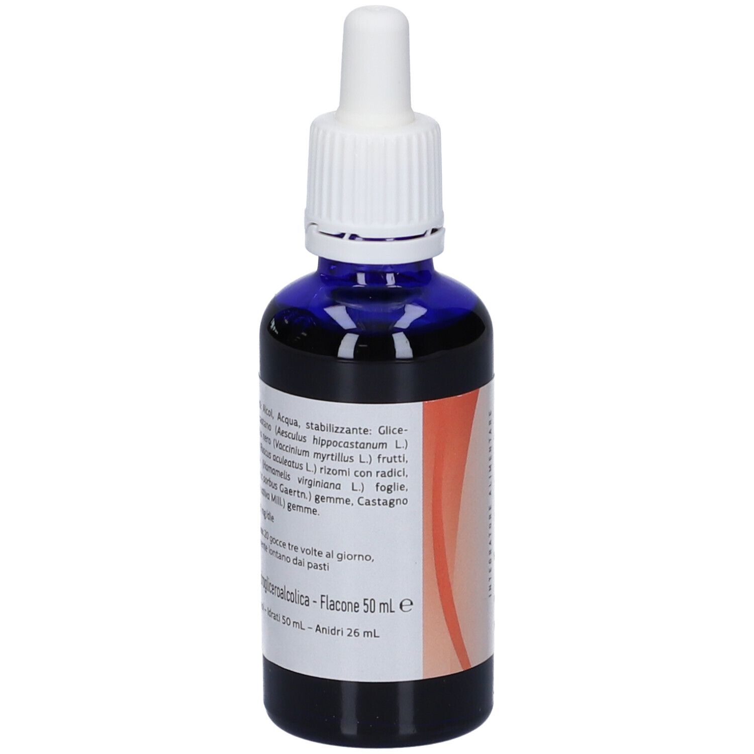 Flacone di vetro blu con tappo bianco e contagocce. Retro con testo. Striscia arancione. Informazioni e ingredienti del prodotto.
