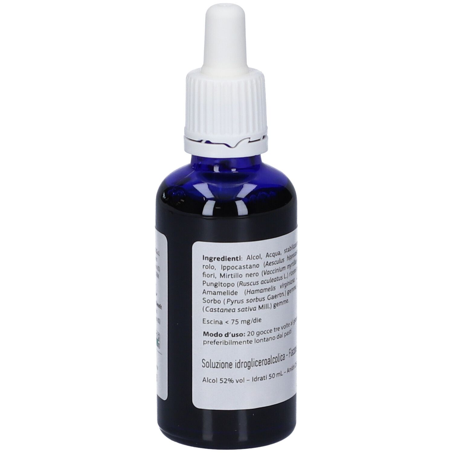 Flacone di vetro blu con tappo bianco e contagocce. Retro con testo. Informazioni sul prodotto, ingredienti e produttore.