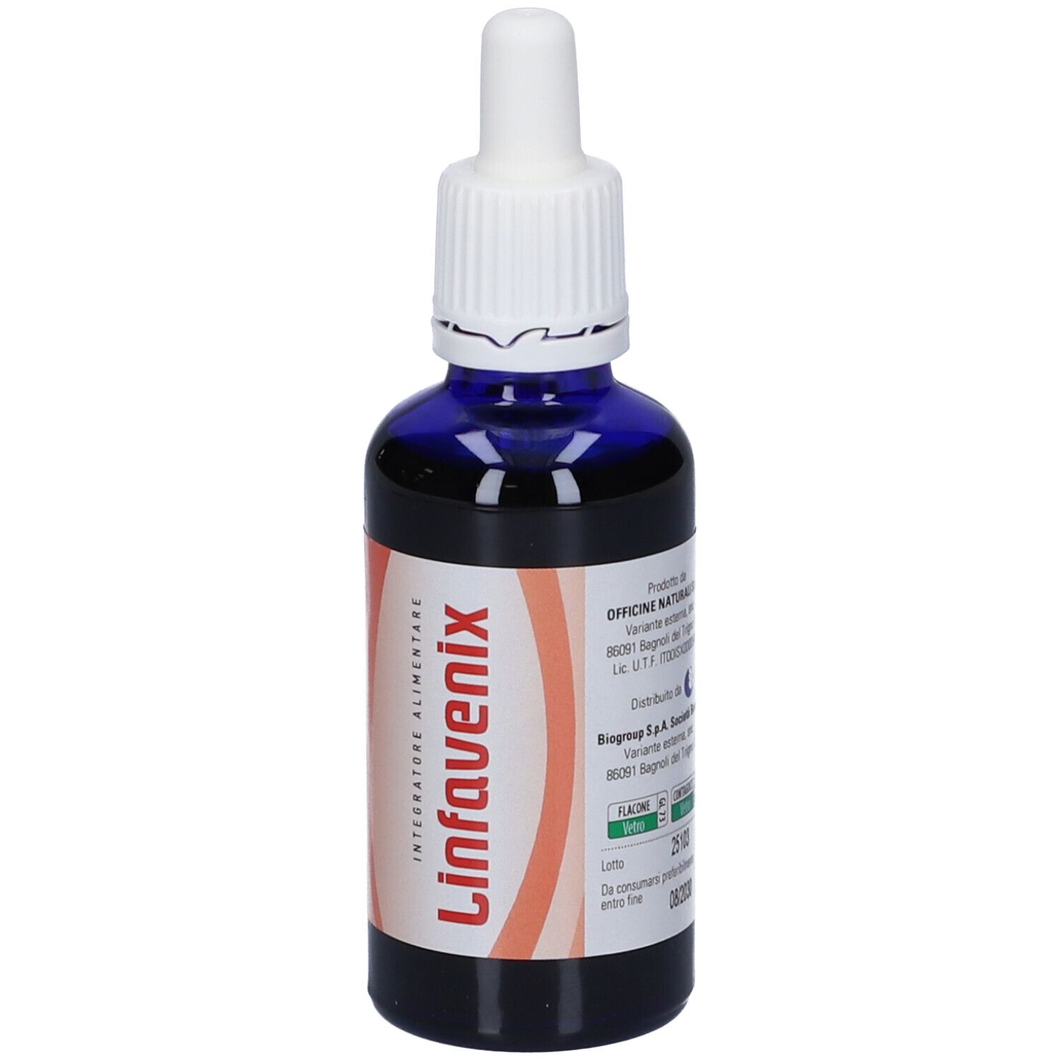 Flacone di vetro blu con tappo bianco e contagocce. Scritta: Linfavenix. Striscia arancione con testo. Nome del prodotto.