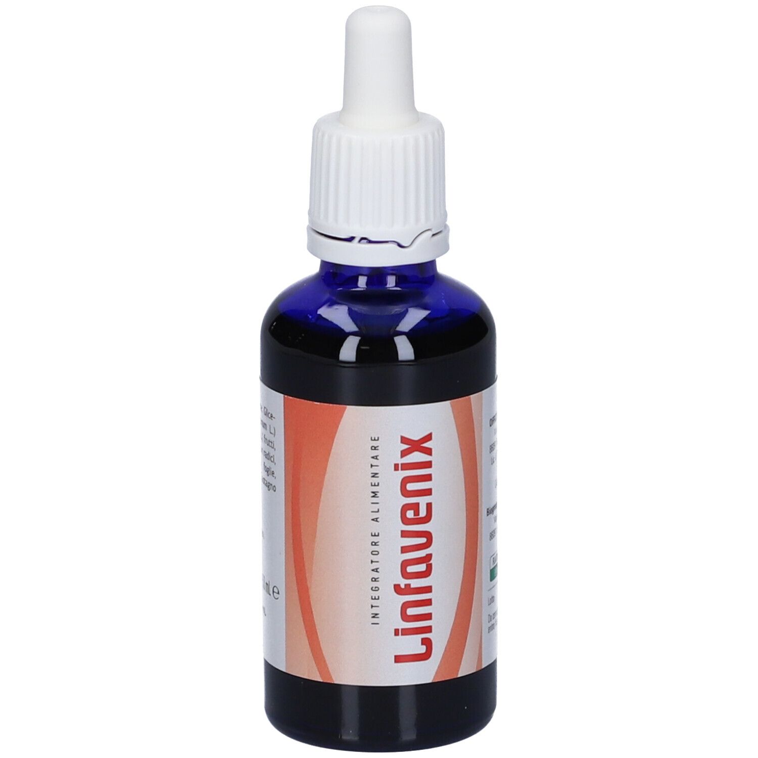 Flacone di vetro blu con tappo bianco e contagocce. Scritta: Linfavenix. Striscia arancione con testo. Informazioni sul prodotto.