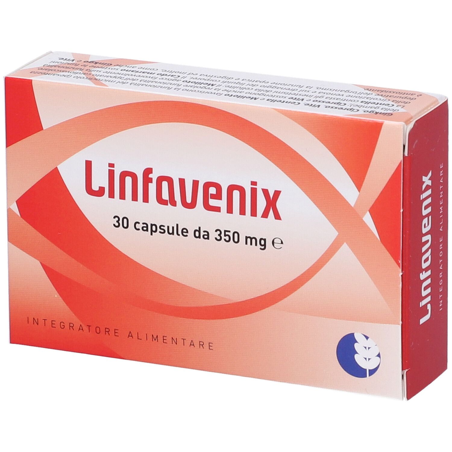Scatola "Linfavenix" con 30 capsule. Colori rosso e bianco. "Integratore Alimentare" e logo.