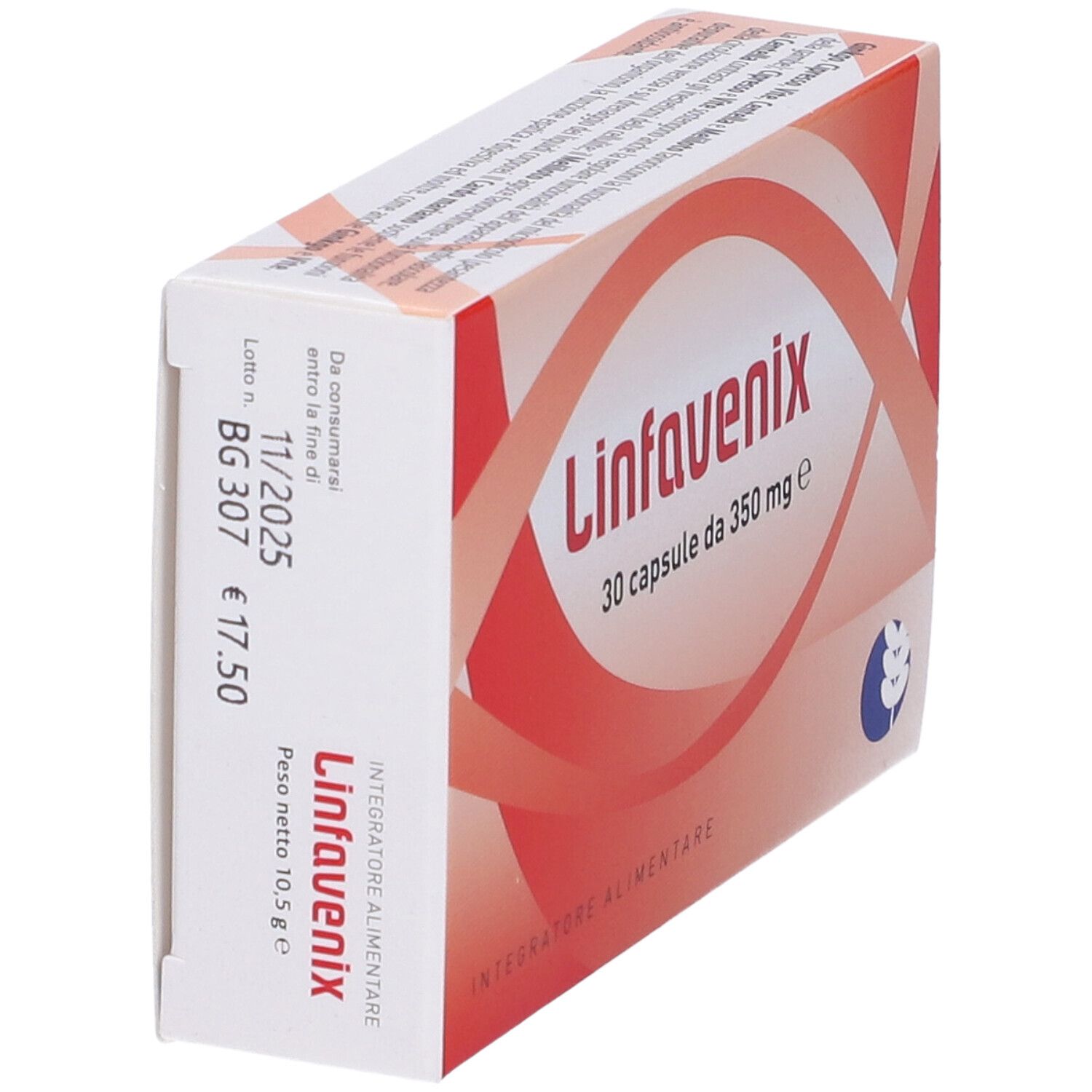 Scatola "Linfavenix" con 30 capsule. Colori rosso e bianco. "Integratore Alimentare" e logo.