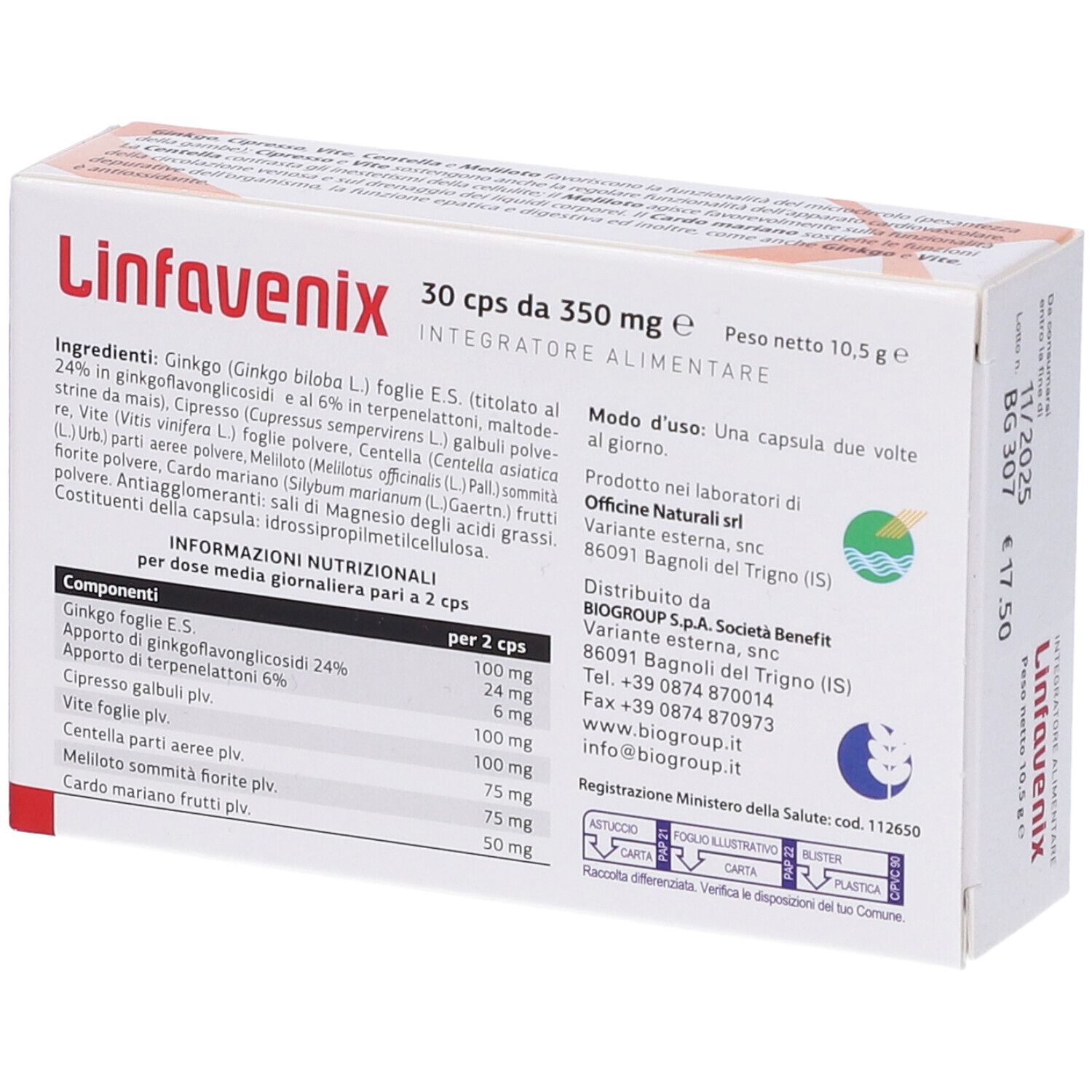 Scatola "Linfavenix" con 30 capsule. Retro con ingredienti e dosaggio. "Integratore Alimentare".