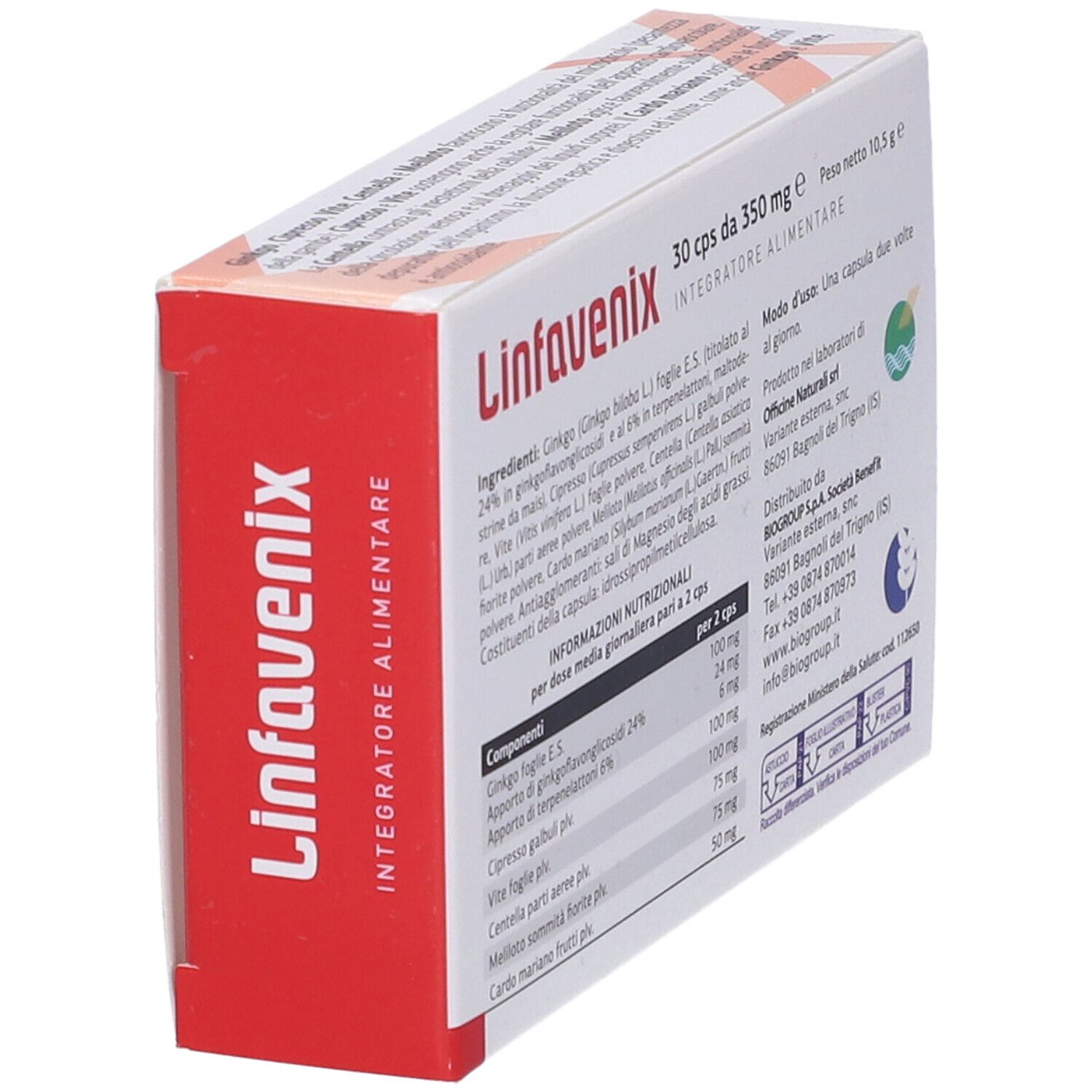 Scatola "Linfavenix" con 30 capsule. Vista laterale con ingredienti. "Integratore Alimentare".
