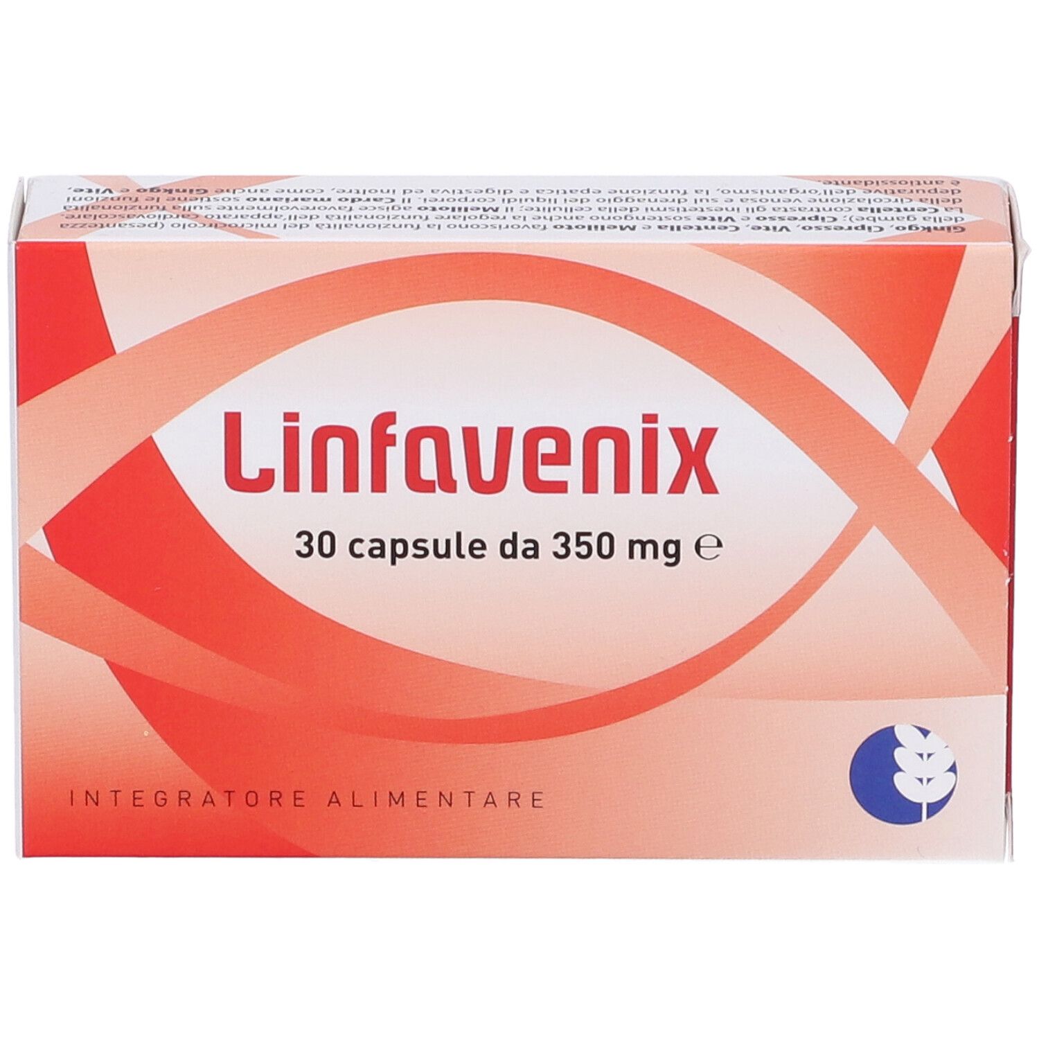 Scatola "Linfavenix" con 30 capsule. Colori rosso e bianco. "Integratore Alimentare" in basso.