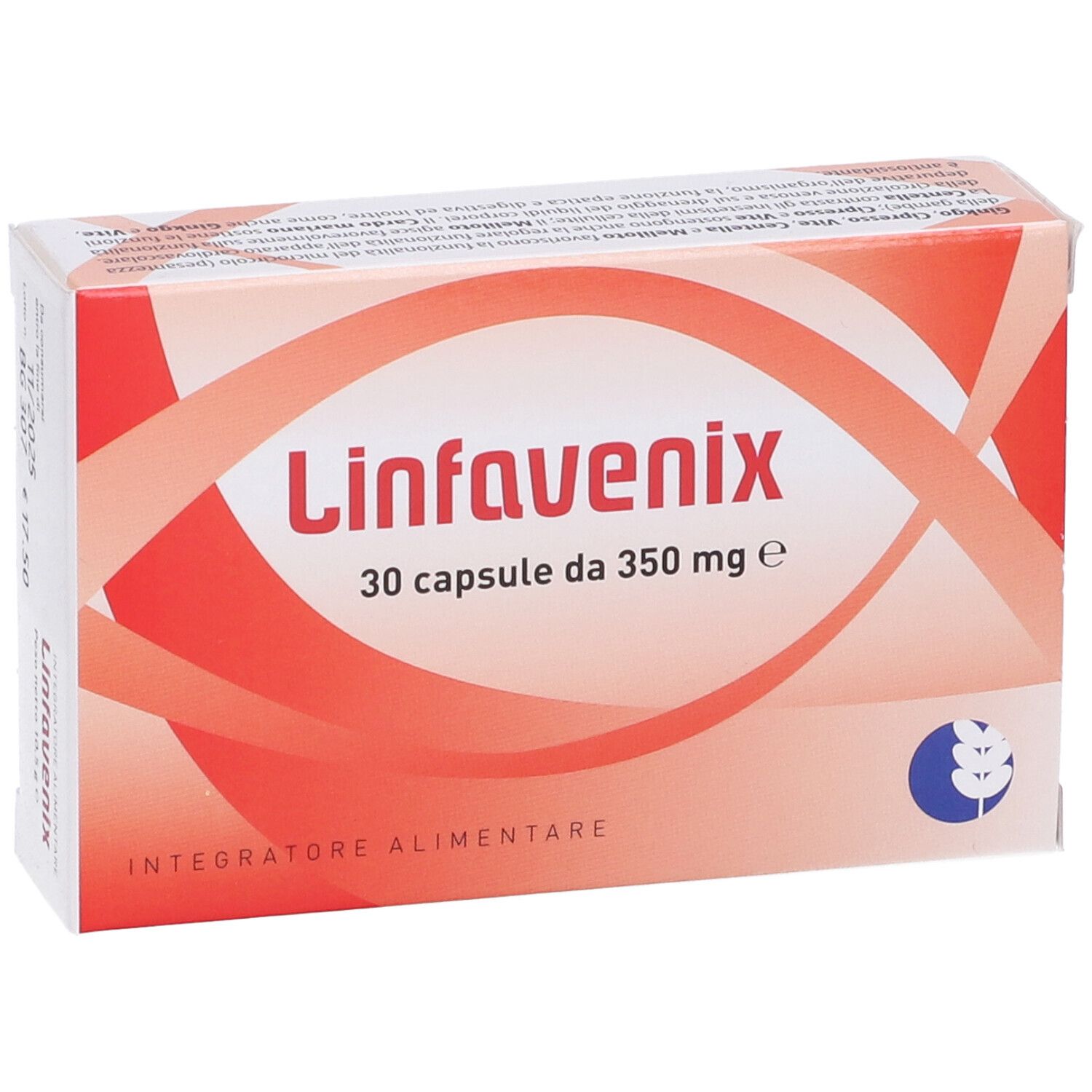 Scatola "Linfavenix" con 30 capsule. Colori rosso e bianco. "Integratore Alimentare" in basso.