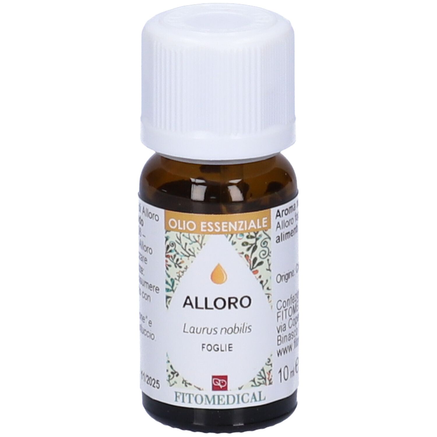 Flacone in vetro marrone con tappo bianco. Etichetta con nome del prodotto e informazioni. 10 ml.