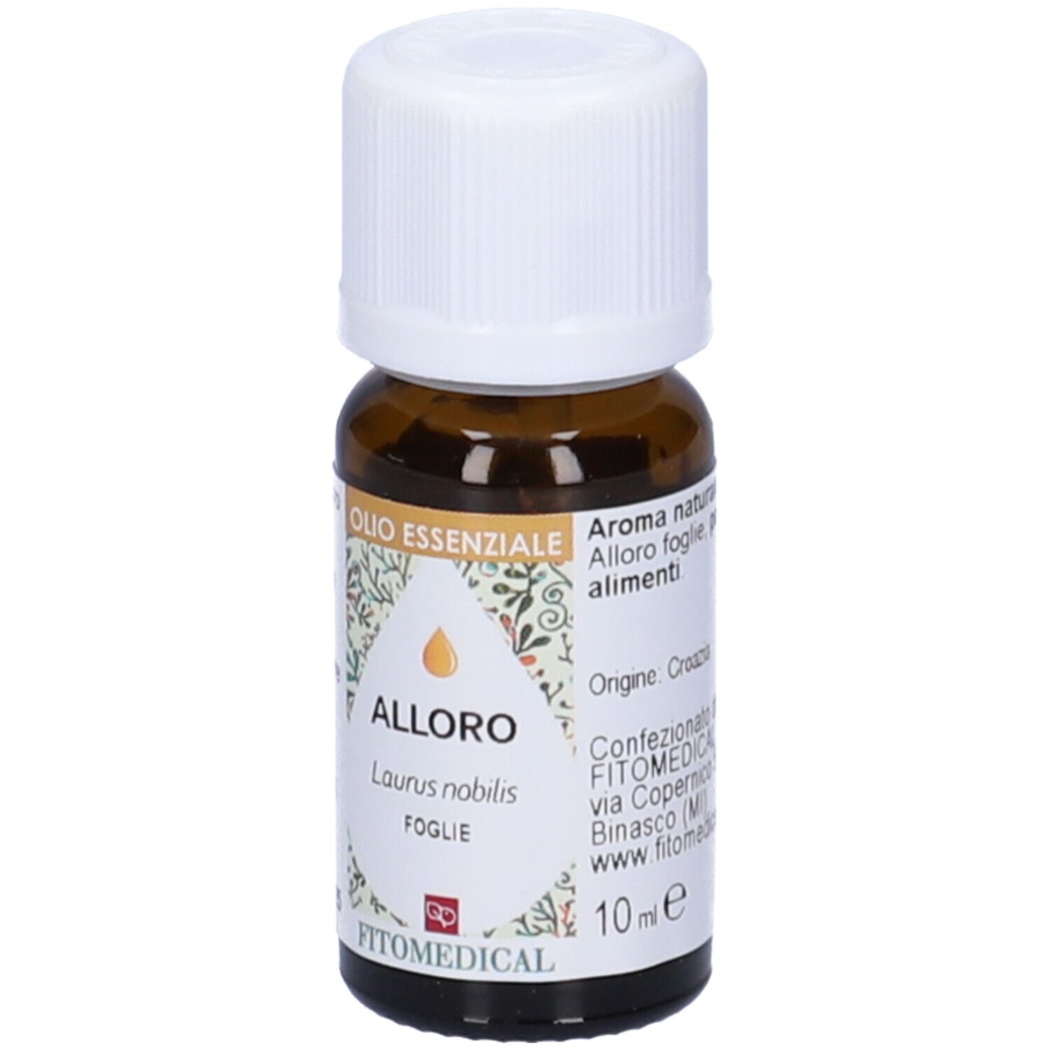 Flacone in vetro marrone con tappo bianco. Etichetta con nome del prodotto, logo e 10 ml.