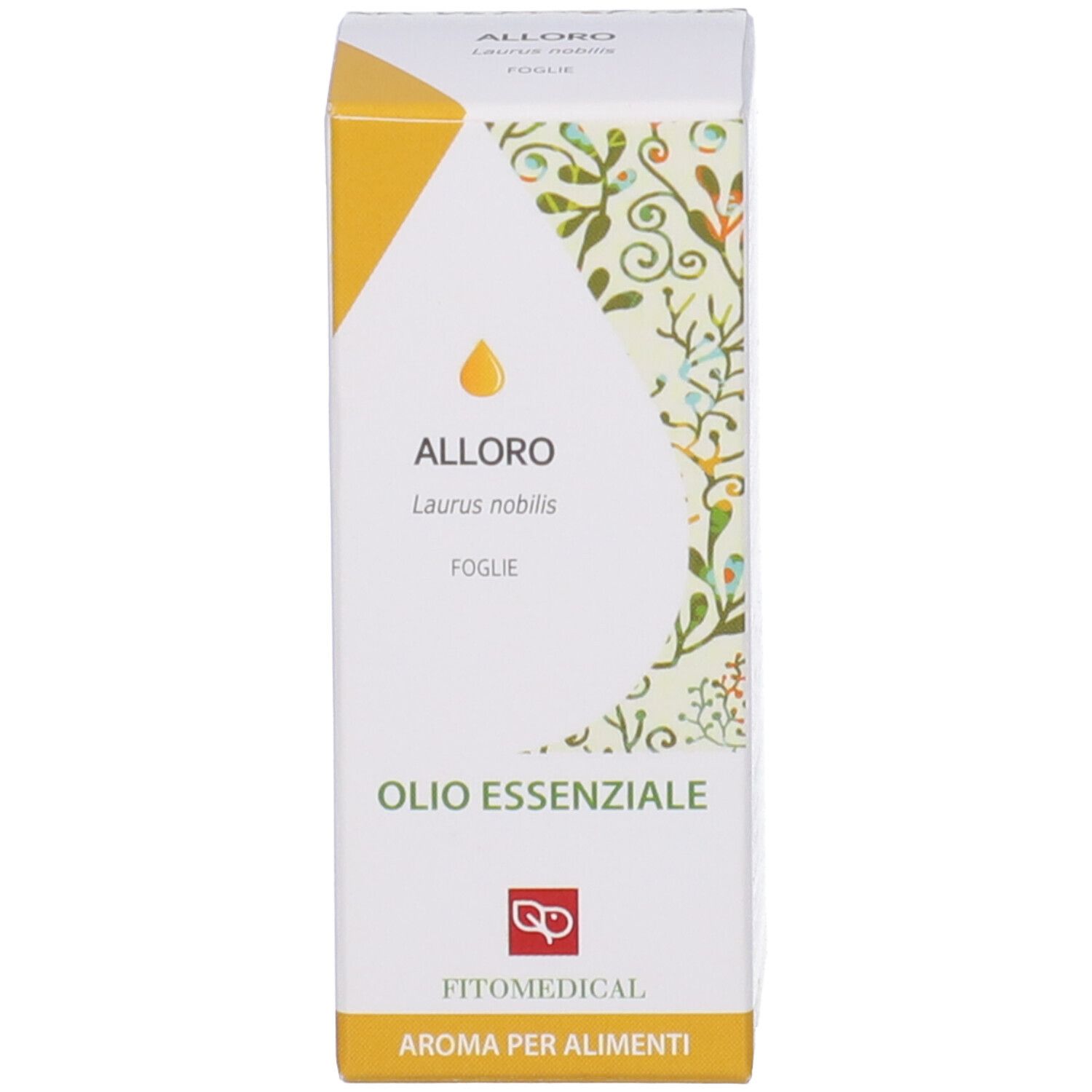 Confezione di Alloro Olio Essenziale. Scatola bianca con dettagli gialli e informazioni sul prodotto.