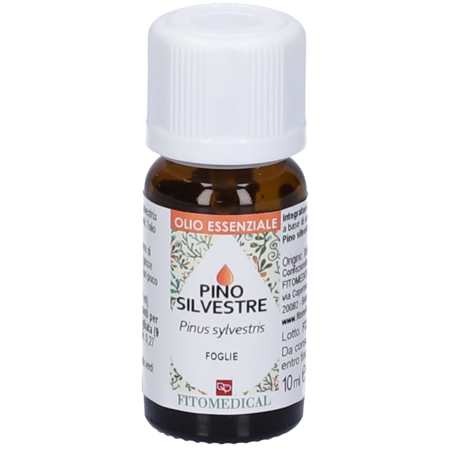 Flacone in vetro marrone con tappo bianco. Scritta: Pino Silvestre, Olio Essenziale, FitoMedical, 10 ml.