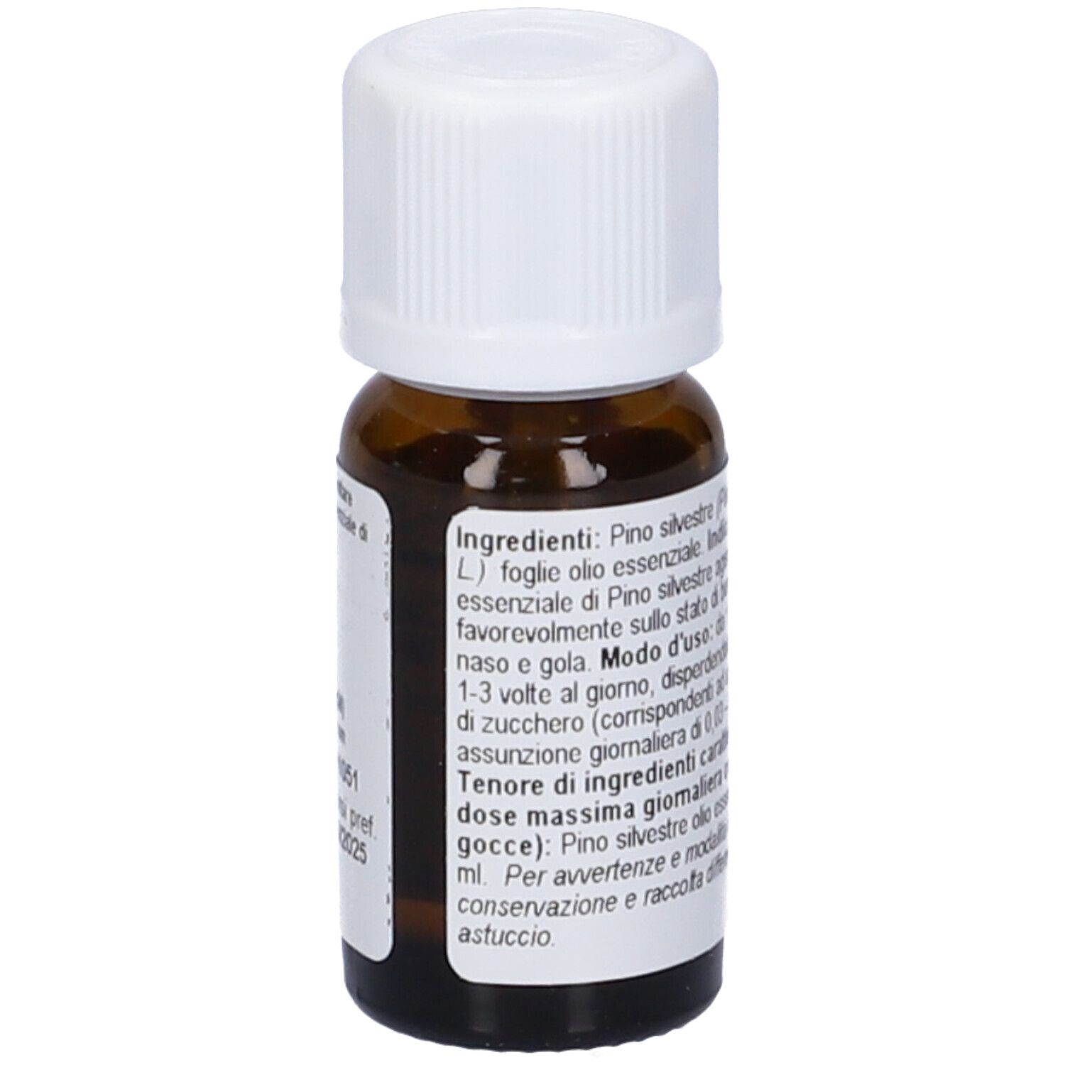 Flacone in vetro marrone con tappo bianco. Scritta: Pino Silvestre, Olio Essenziale, FitoMedical, 10 ml.