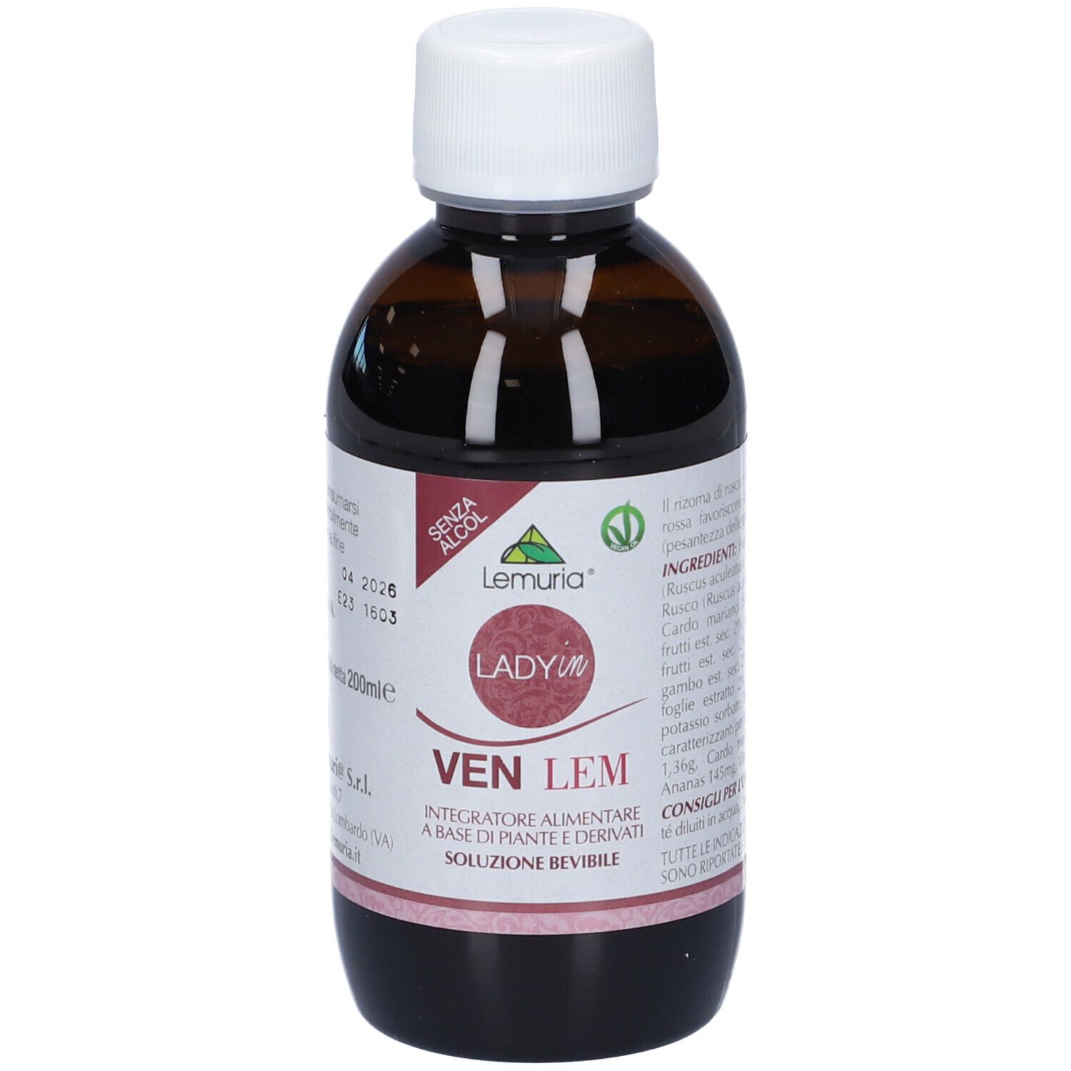 Flacone di vetro marrone con tappo bianco. Scritta: Lemuria, Lady in, Venlem, Integratore Alimentare. Sigillo verde.