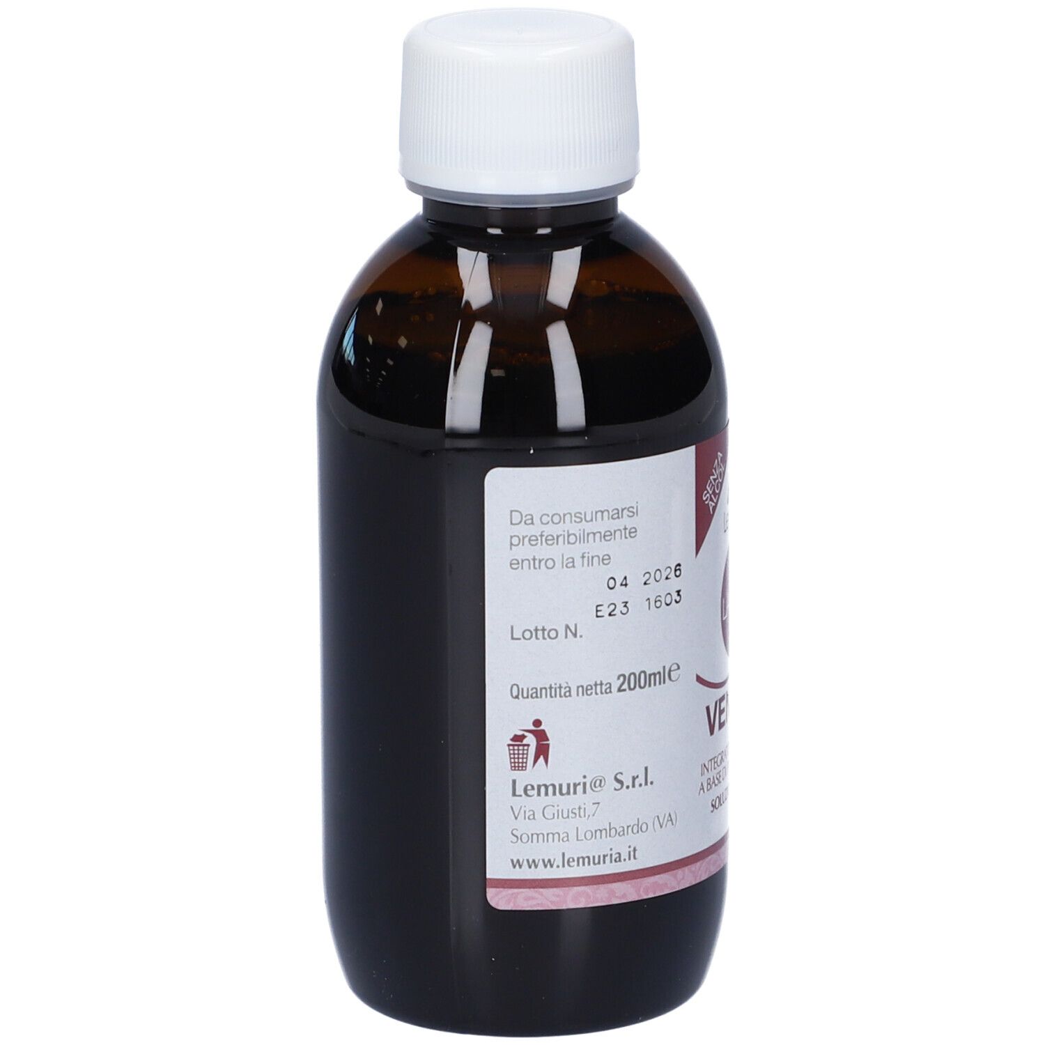 Flacone di vetro marrone con tappo bianco. Scritta: Venlem, Integratore Alimentare. Etichetta con data di scadenza.