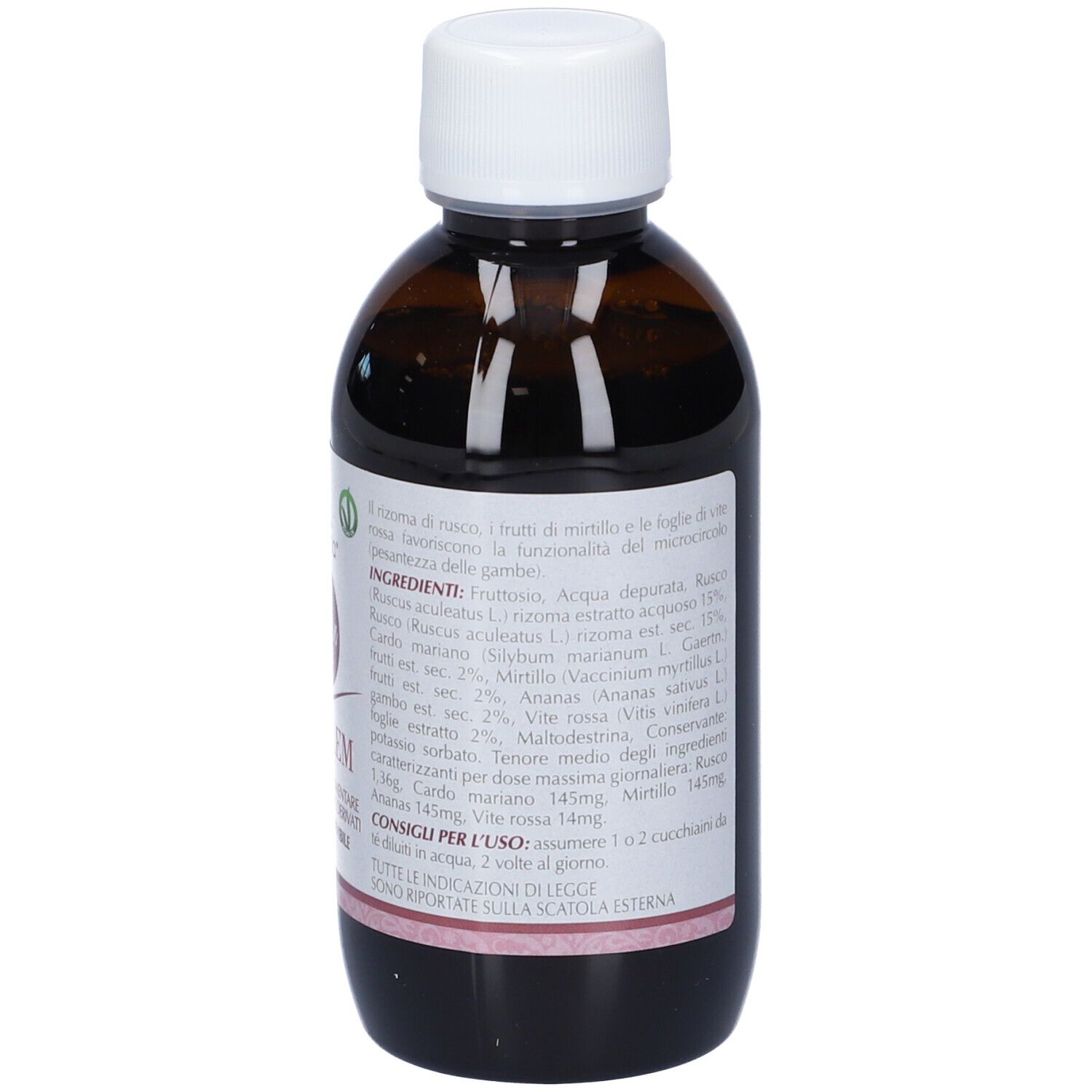 Flacone di vetro marrone con tappo bianco. Scritta: Venlem, Integratore Alimentare. Etichetta con ingredienti.