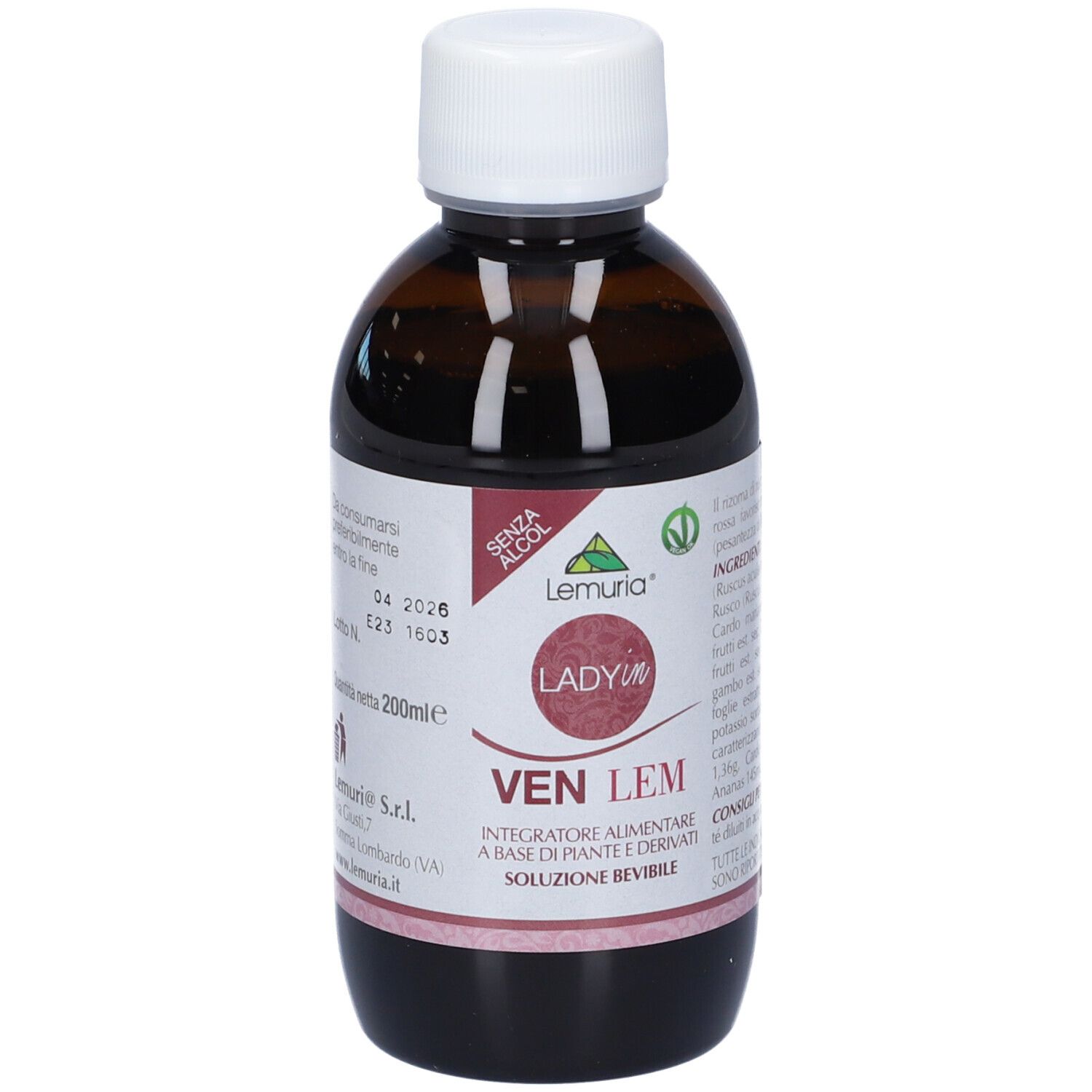 Flacone di vetro marrone con tappo bianco. Scritta: Venlem, Integratore Alimentare. Etichetta con data di scadenza.