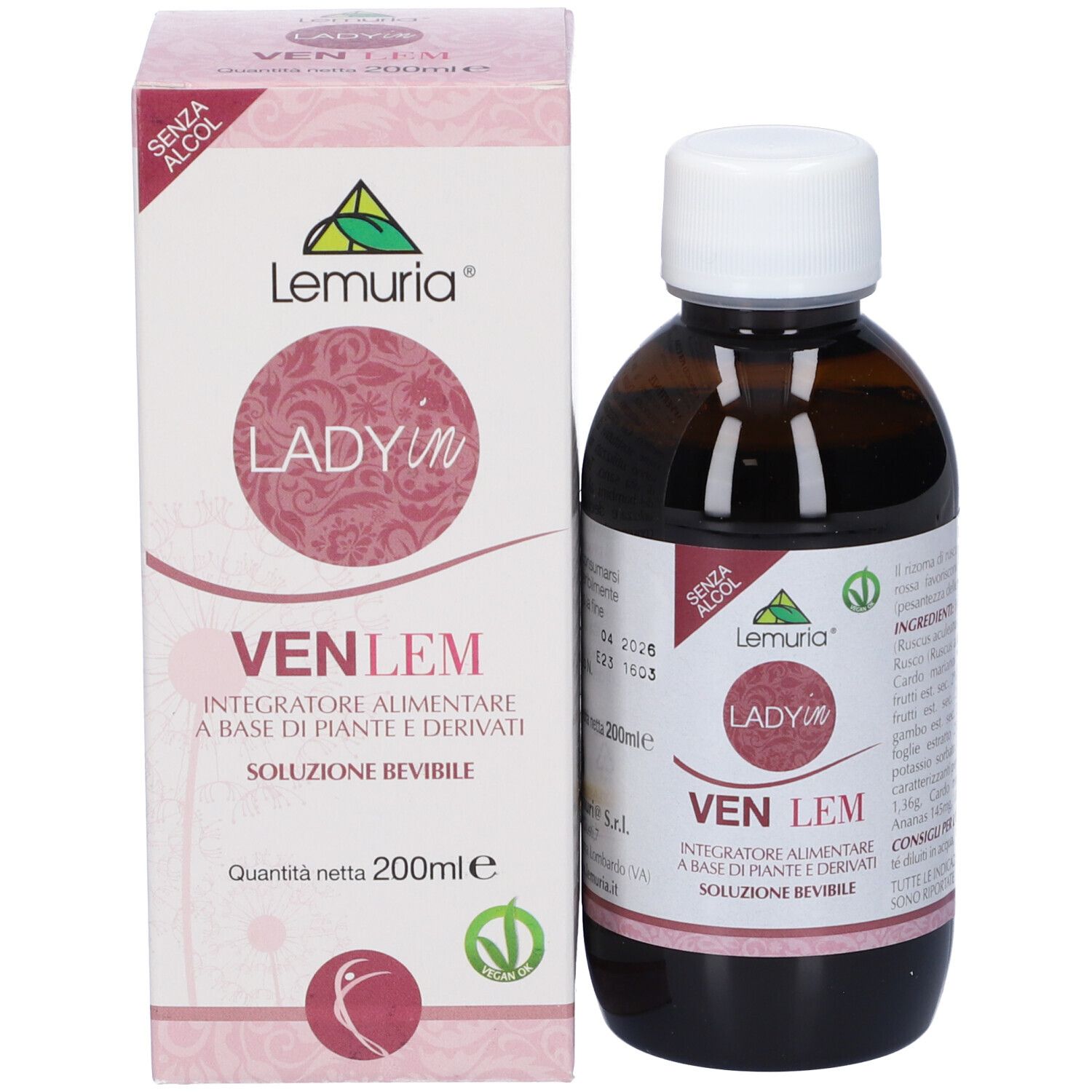 Prodotto e confezione. Flacone di vetro marrone con tappo bianco e scatola. Scritta: Venlem, Integratore Alimentare.