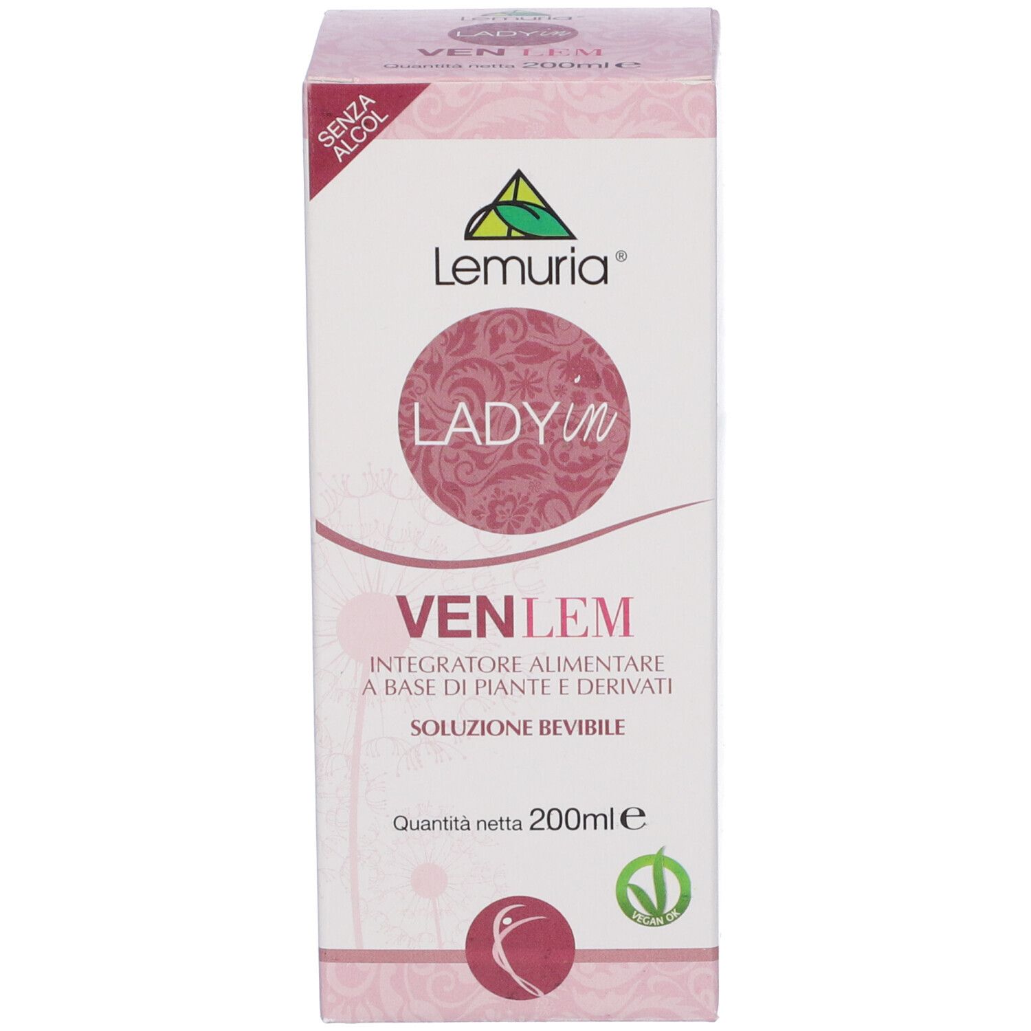 Scatola con stampa del prodotto. Scritta: Lemuria, Lady in, Venlem, Integratore Alimentare. Sigillo verde.