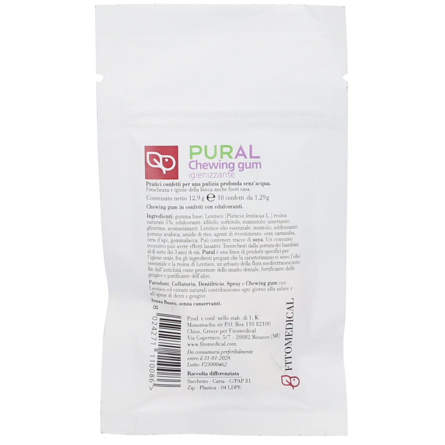 Retro della confezione bianca. Testo: Pural Chewing gum. Ingredienti, peso netto, informazioni produttore e logo Fitomedical.