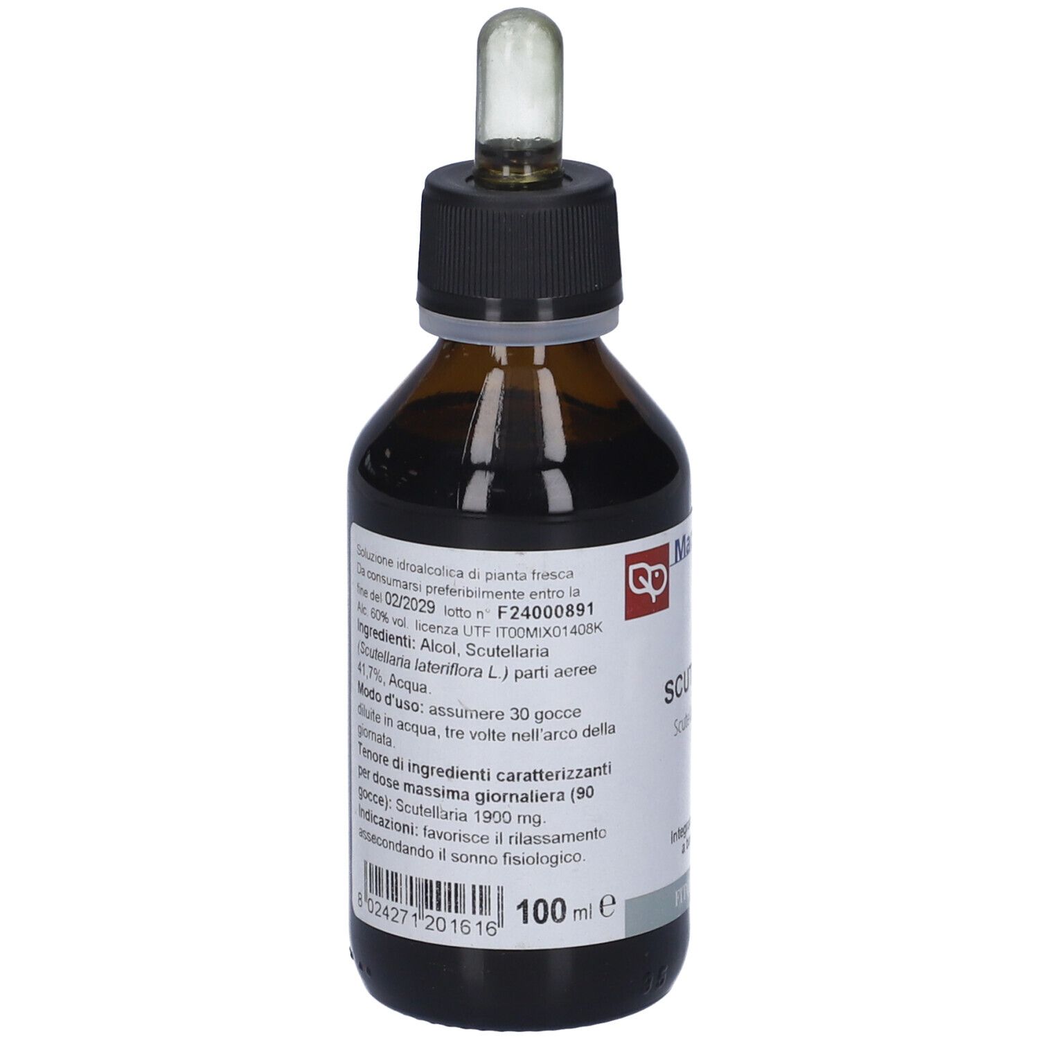 Flacone di vetro marrone con tappo nero e pipetta. Etichetta con testo e 100 ml. Contiene informazioni sugli ingredienti e il dosaggio.