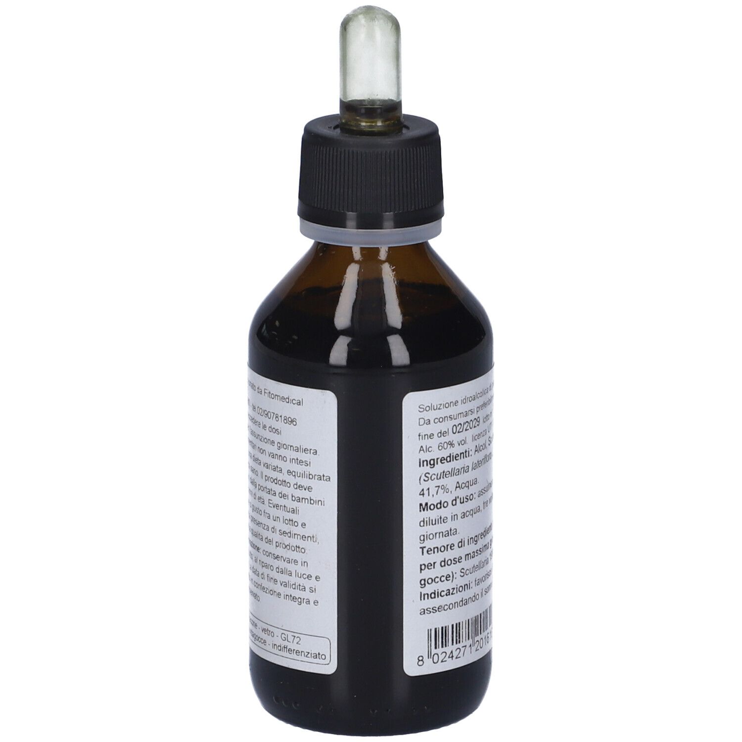 Flacone di vetro marrone con tappo nero e pipetta. Etichetta con testo. Contiene informazioni sugli ingredienti e il dosaggio.