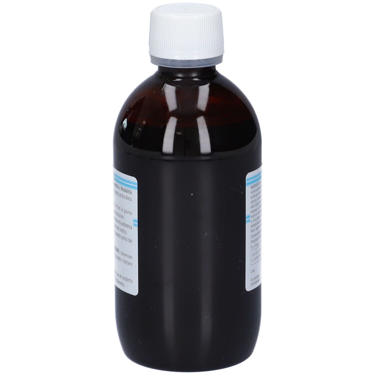 Flacone marrone con tappo bianco. Etichetta con informazioni sul prodotto.